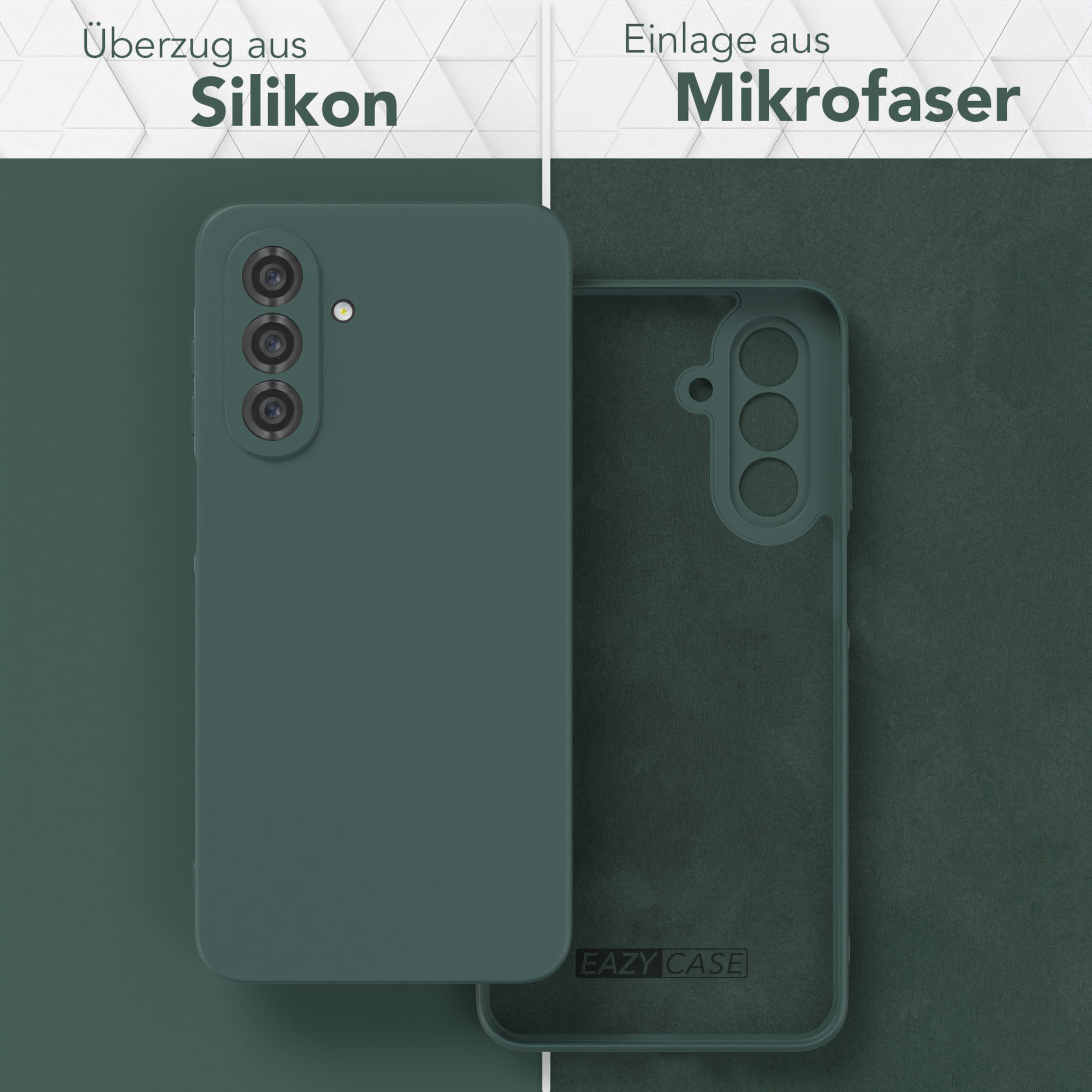 Zwei Handyhüllen. Eine grüne Silikon, die andere ein klarer Rahmen. Text auf Deutsch.