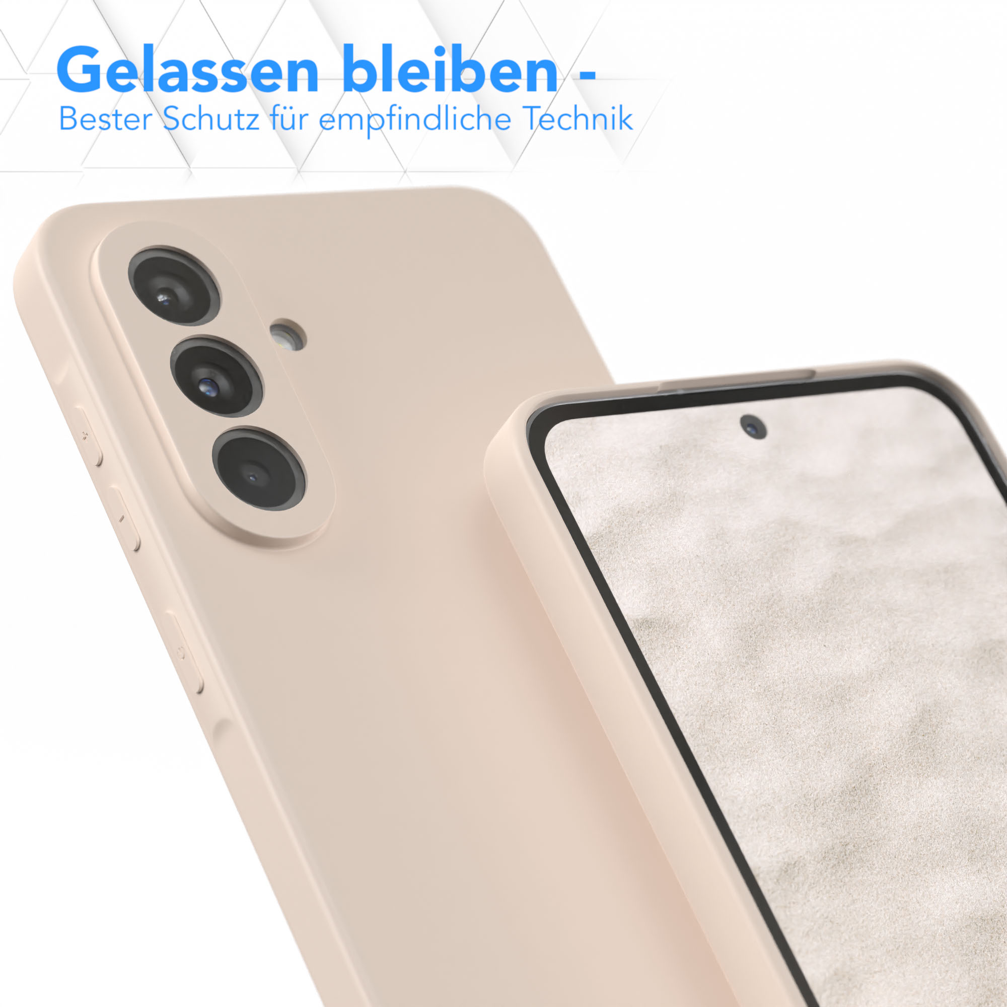 Nahaufnahme der Handyhülle, beige Farbe. Text auf der Hülle. EAZY CASE Branding sichtbar.