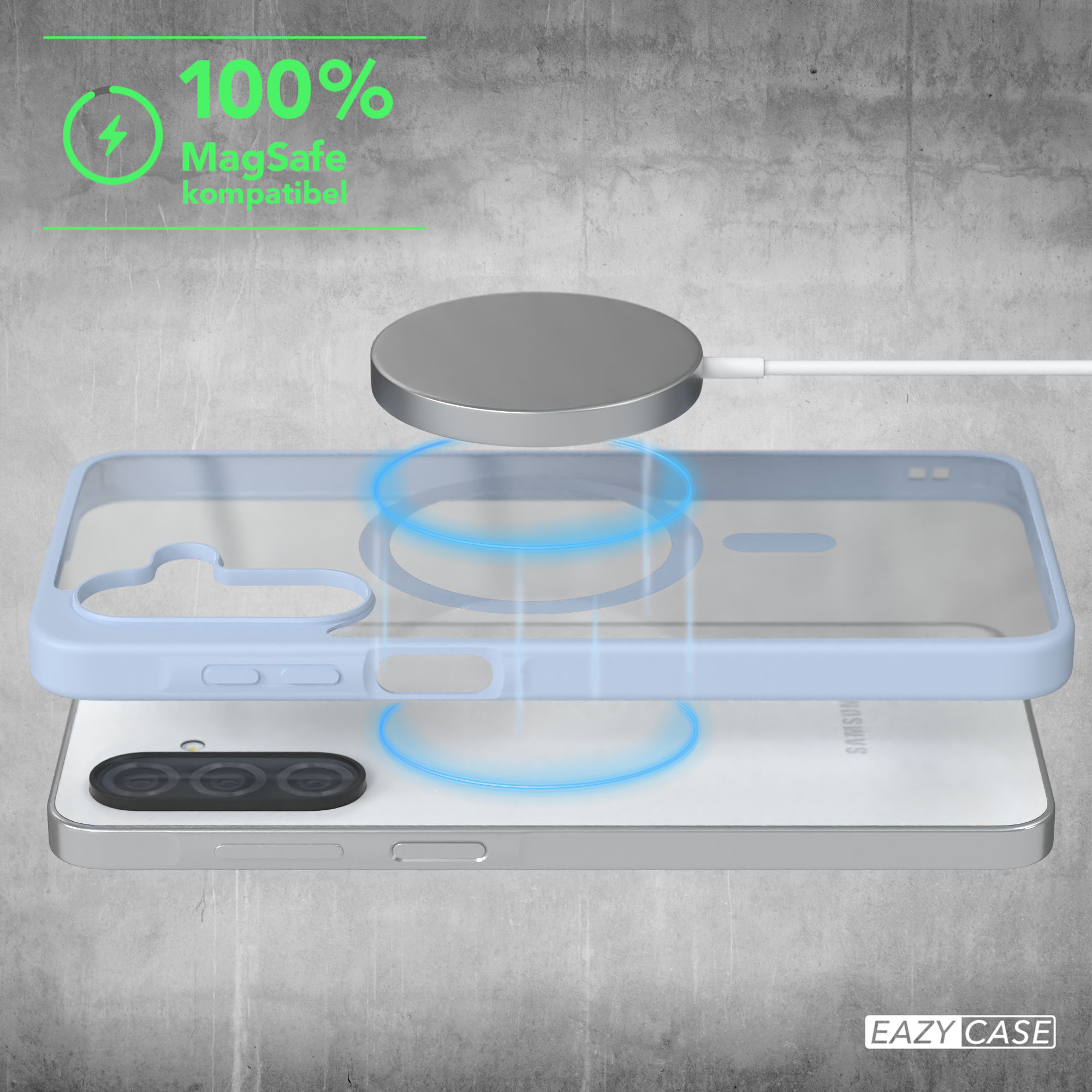 Ein Telefon mit Hülle und ein MagSafe-Ladegerät darüber.