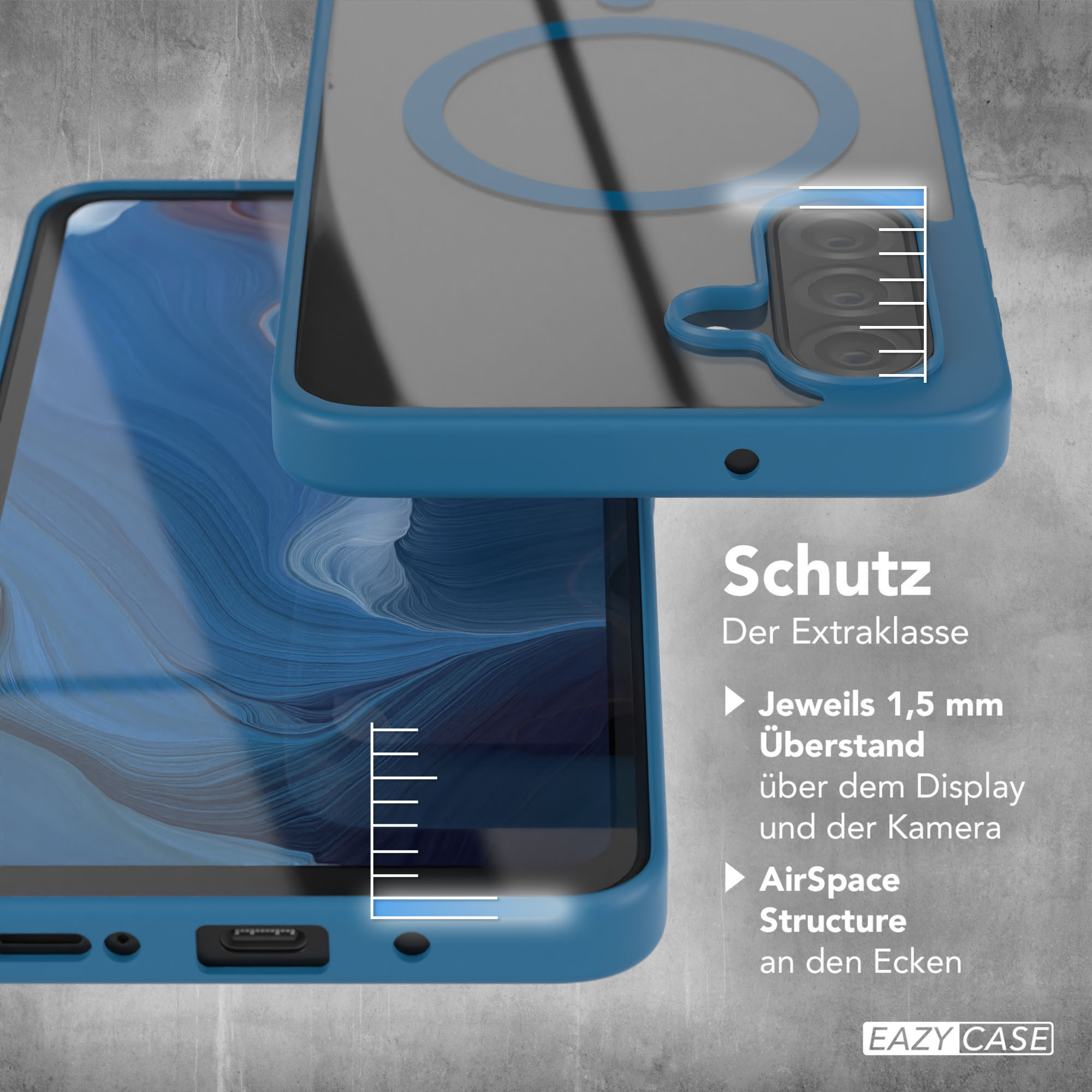 Eine blaue Handyhülle zeigt ein Handy, Bildschirm sichtbar. Die Hülle hat einen Kameraausschnitt. Die Hülle hat AirSpace.