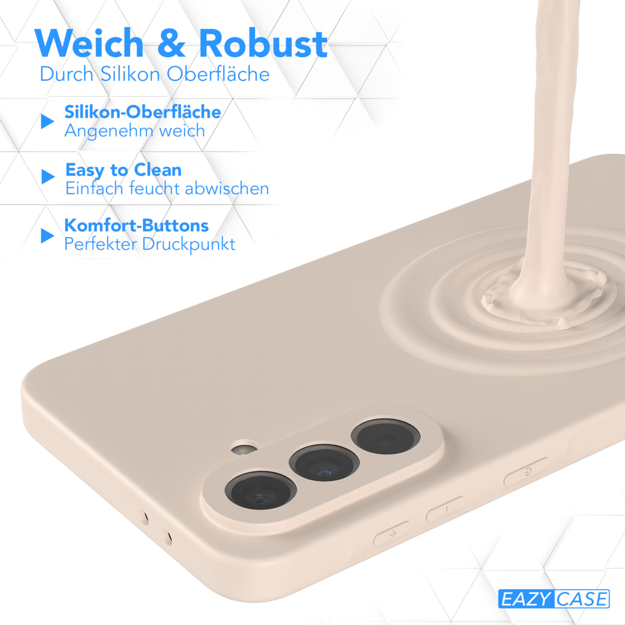 Eine beige Handyhülle mit einer weißen Flüssigkeit, die auf die Hülle gegossen wird. Der Hintergrund hat die gleiche Farbe wie die Hülle.