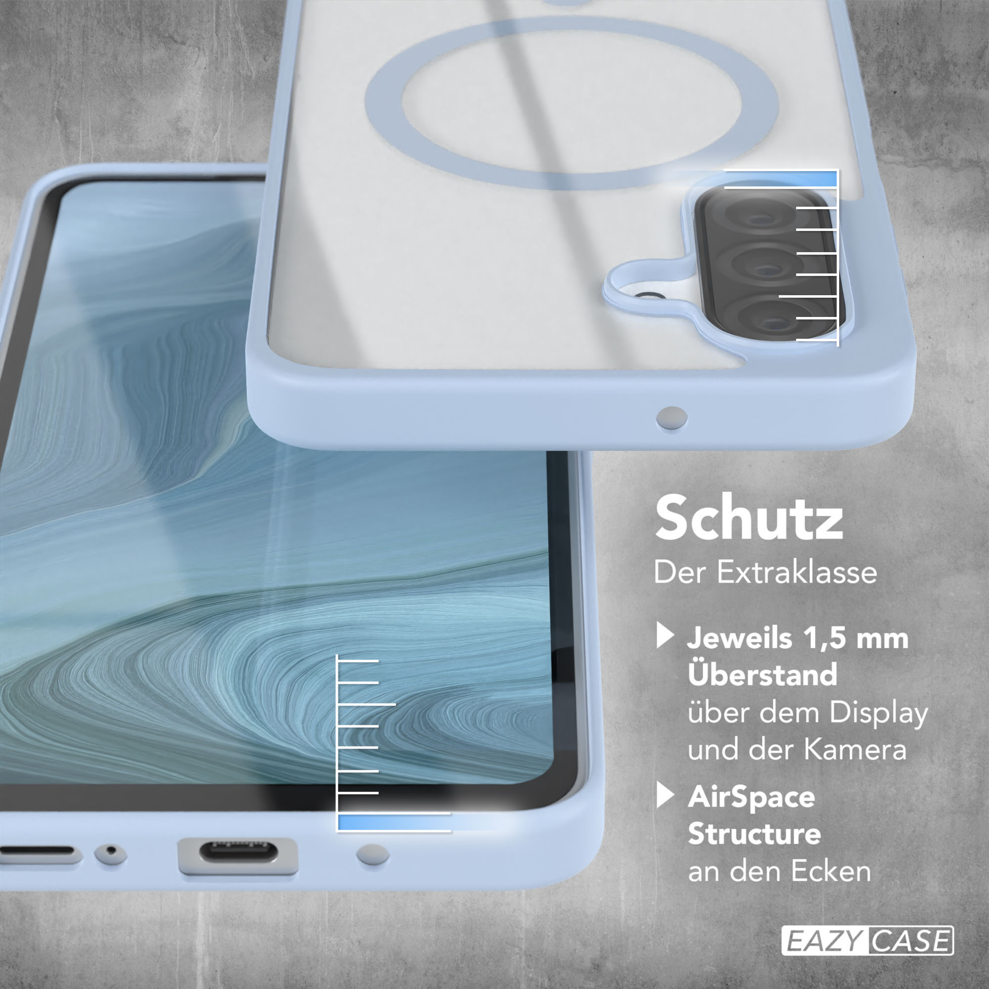 Handyhülle mit Telefon, hellblau. Die Hülle hat Schutzfunktionen.