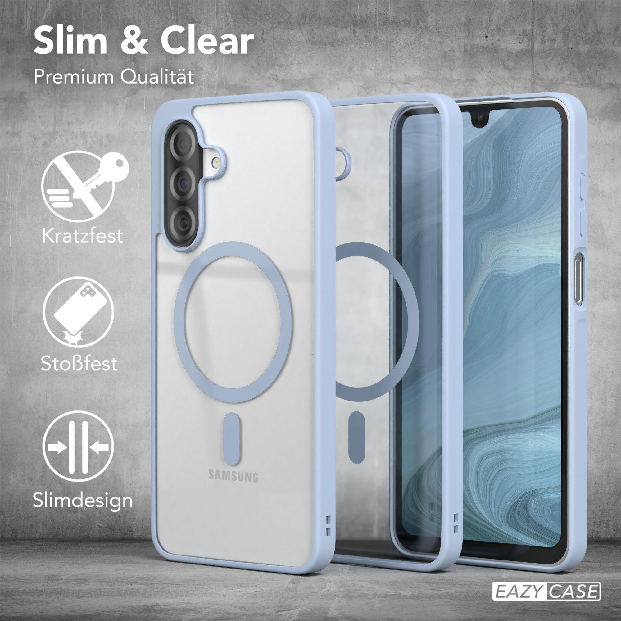 Blaue Handyhülle mit transparentem Rücken, in drei Schichten mit Logos und Icons gezeigt.