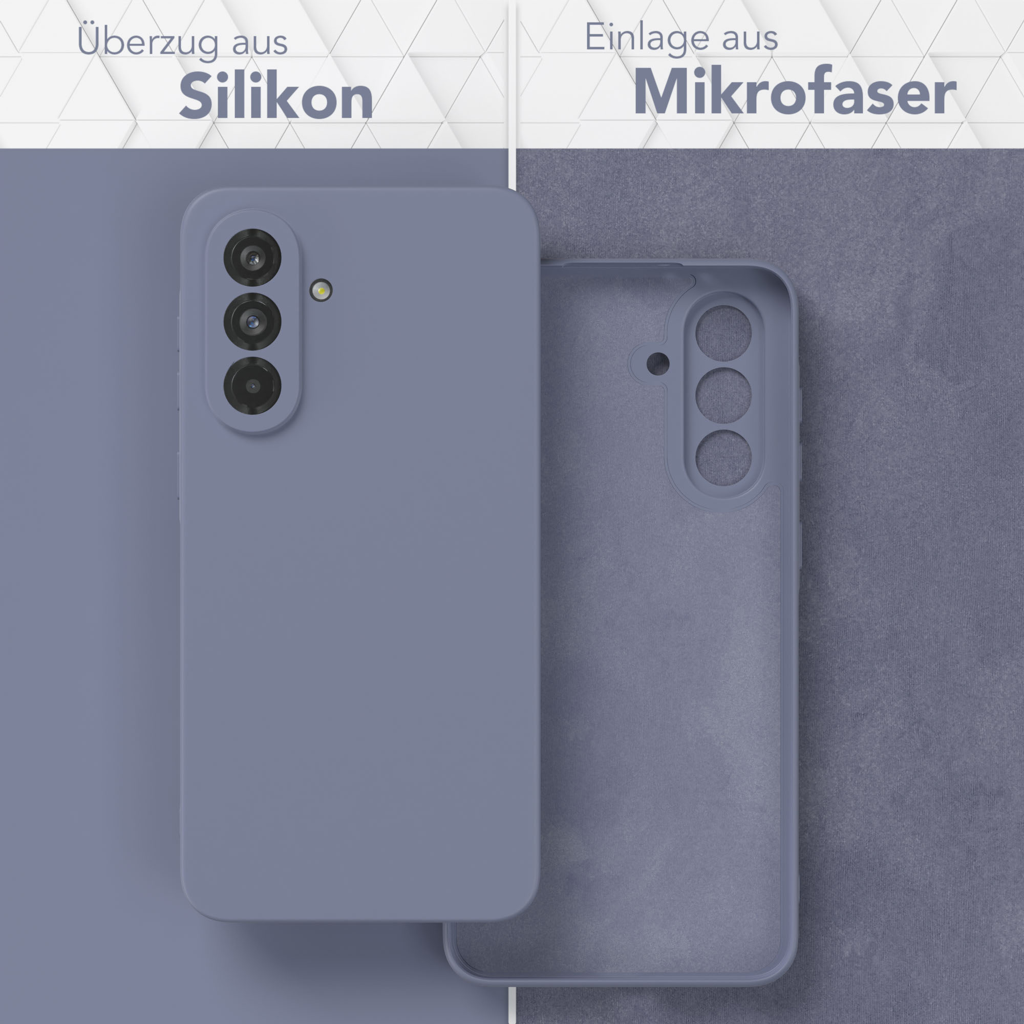 Handyhülle mit Silikon außen und Mikrofaser innen, die Materialien hervorhebend.