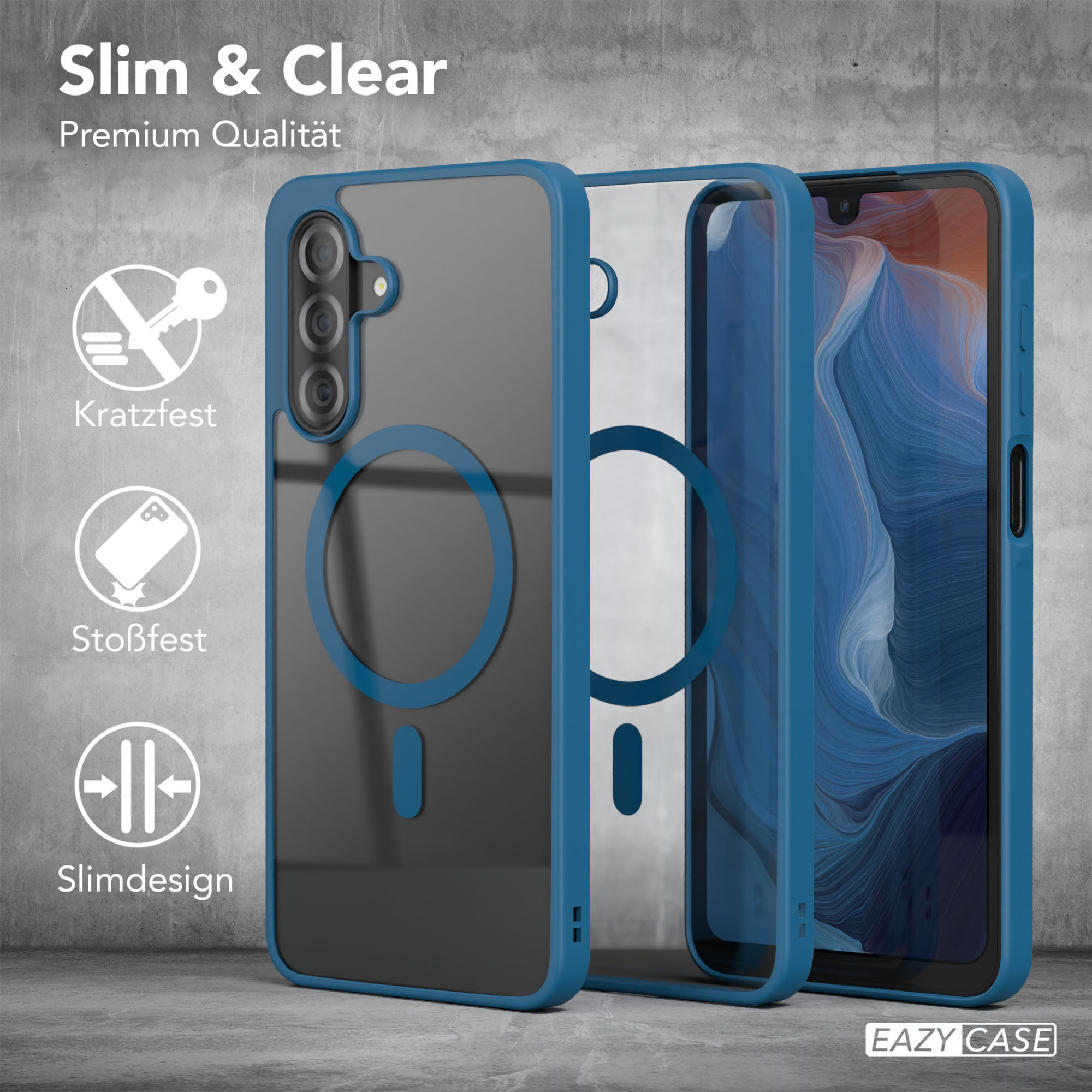Drei Telefonhüllen in einer Reihe, blaue Farbe. Die Hüllen sind mit Text über Schutz und schlankes Design gestaltet.