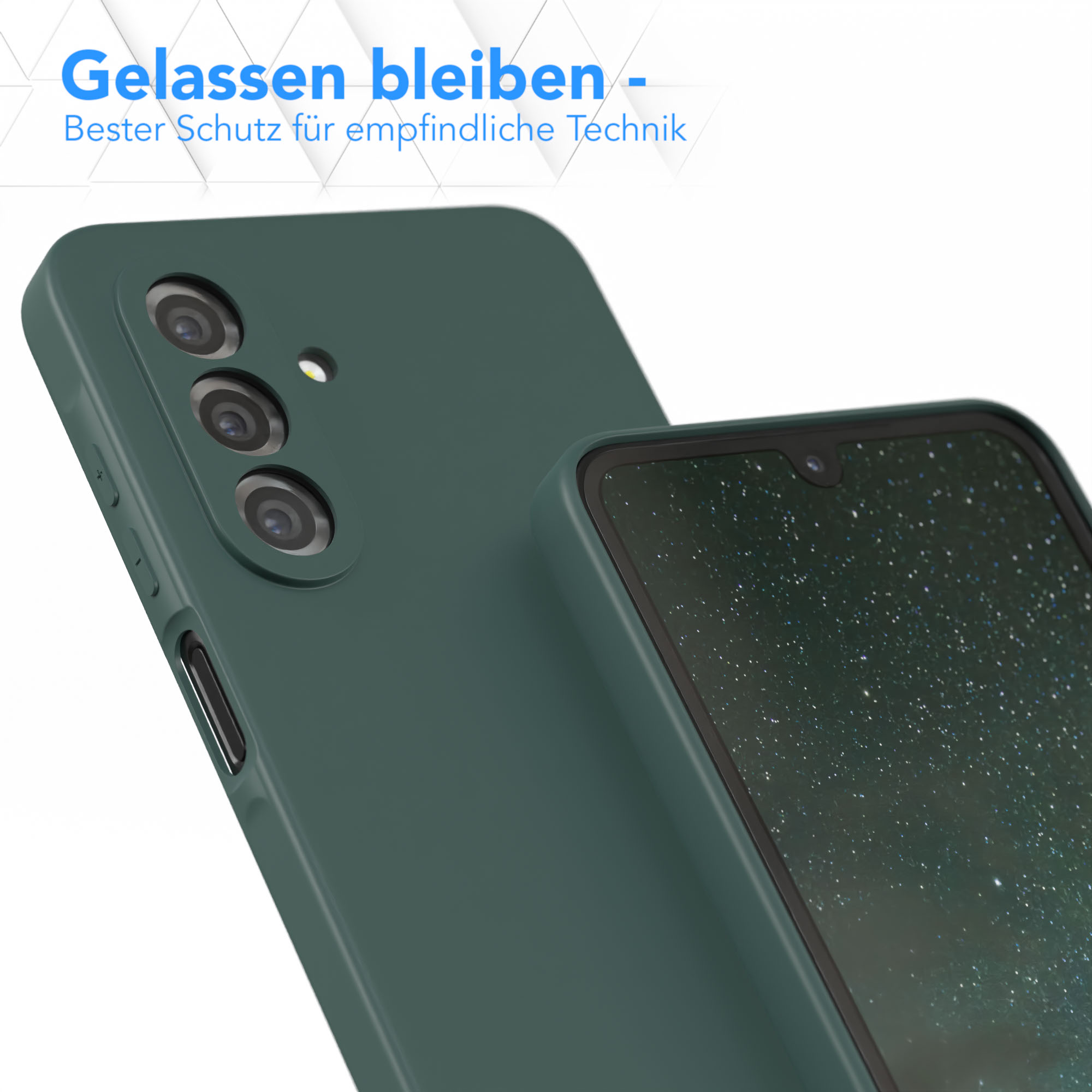 Grüne Handyhülle auf grüner Oberfläche. Die Kameralinsen des Telefons sind sichtbar.