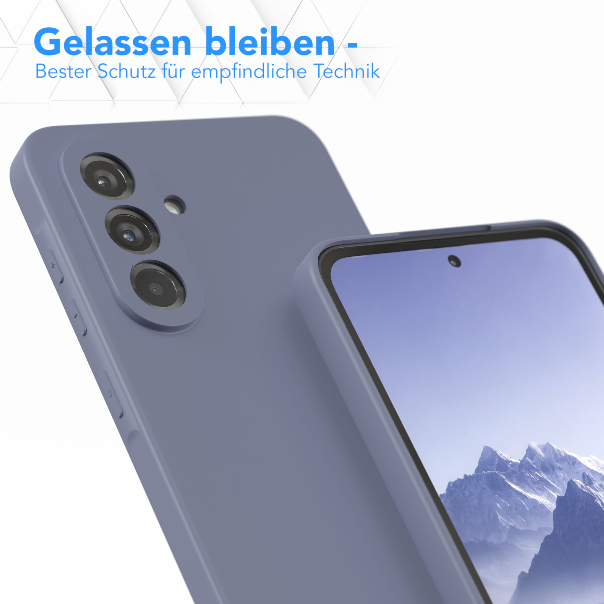 Nahaufnahme eines blauen Telefons und seiner Hülle mit einem Berg-Hintergrund auf dem Bildschirm.