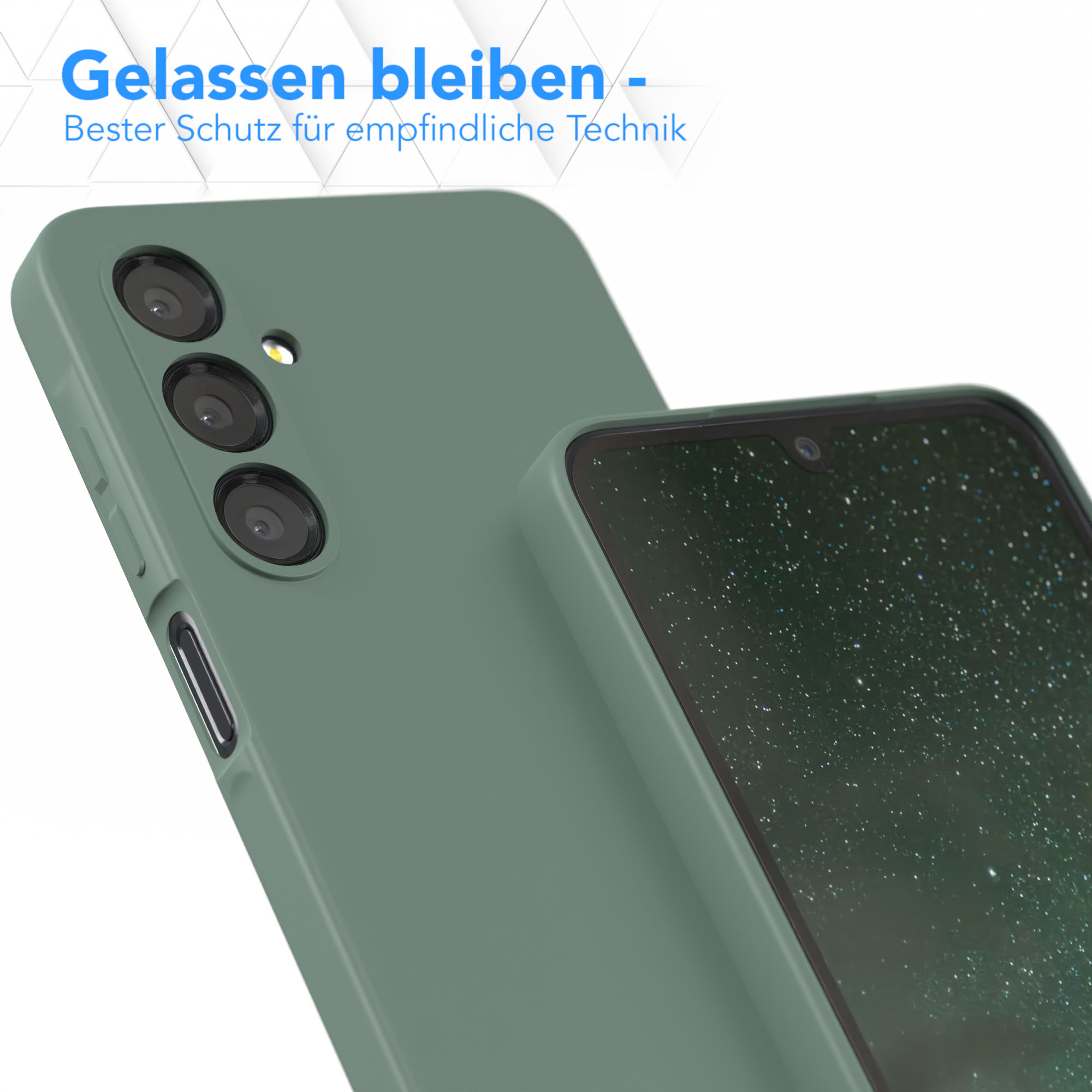 Grüne Handyhülle. Ein Telefon in der Hülle, die Kamera ist sichtbar. Der Hintergrund ist grün.