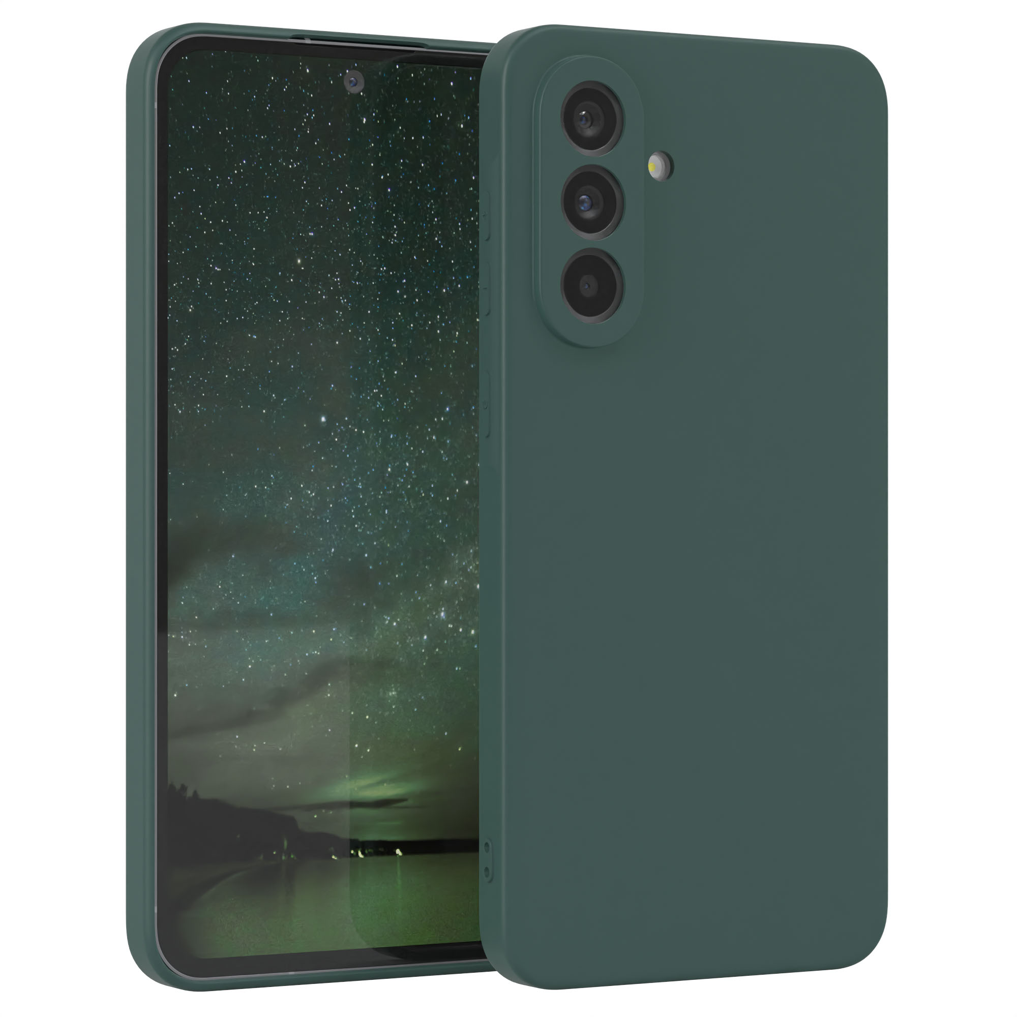 Grüne Handyhülle mit einem Telefon. Das Telefon hat drei Kameras und eine dunkelgrüne Rückseite.