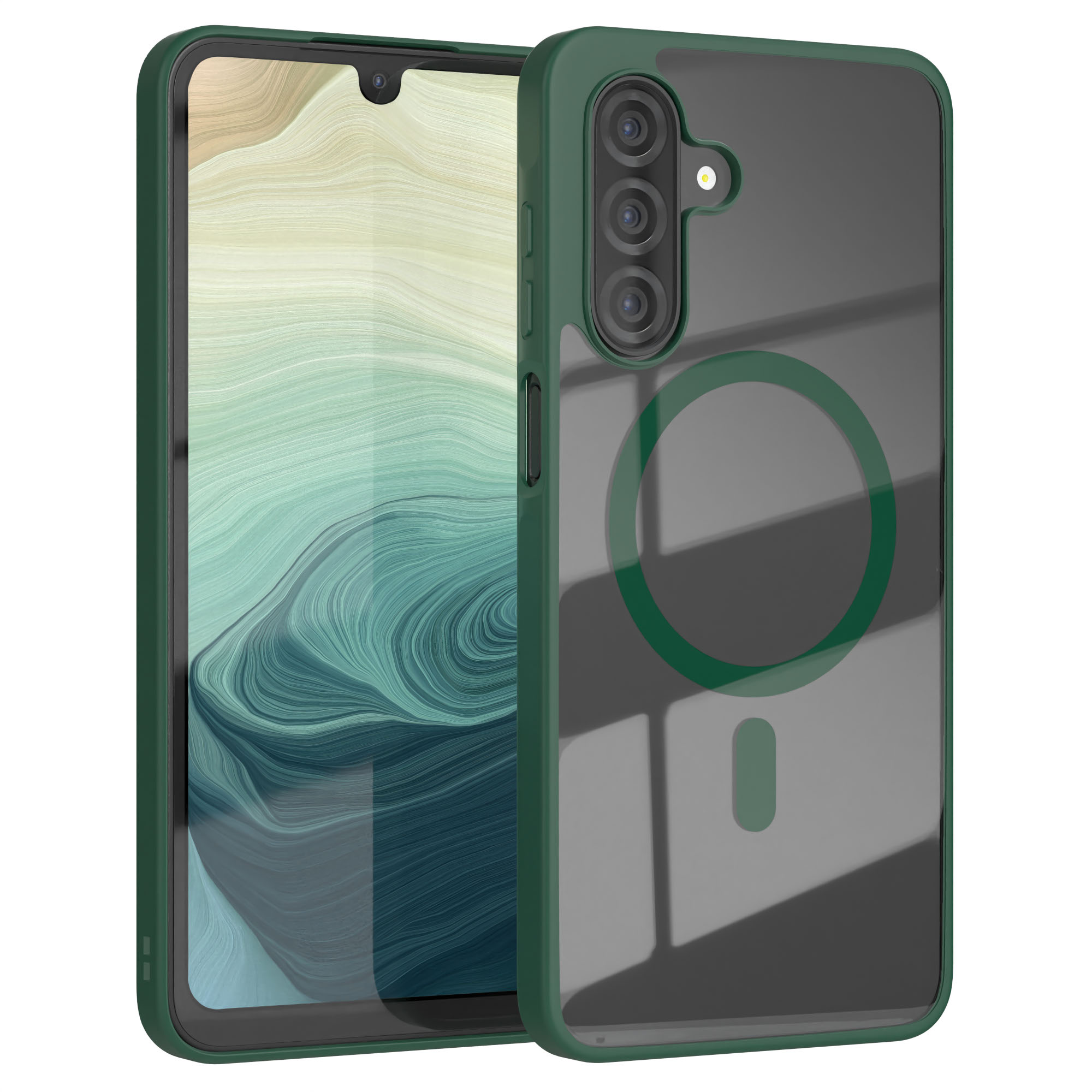Dunkelgrüne Handyhülle mit transparentem Rücken. Darin ein Telefon mit dunklem Bildschirm. Grüner Ring.