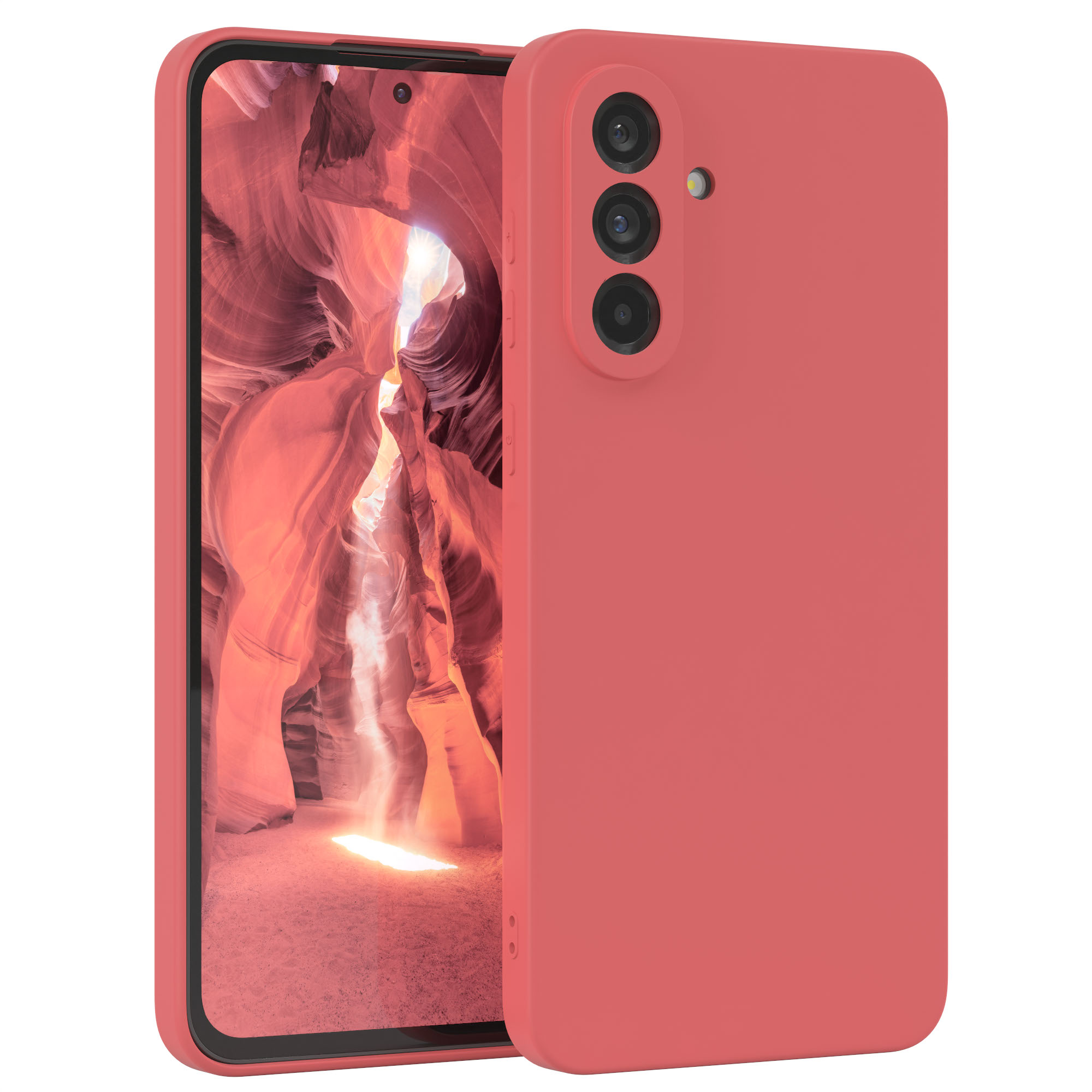 Rote Handyhülle mit Telefon. Hintergrund zeigt einen Canyon.
