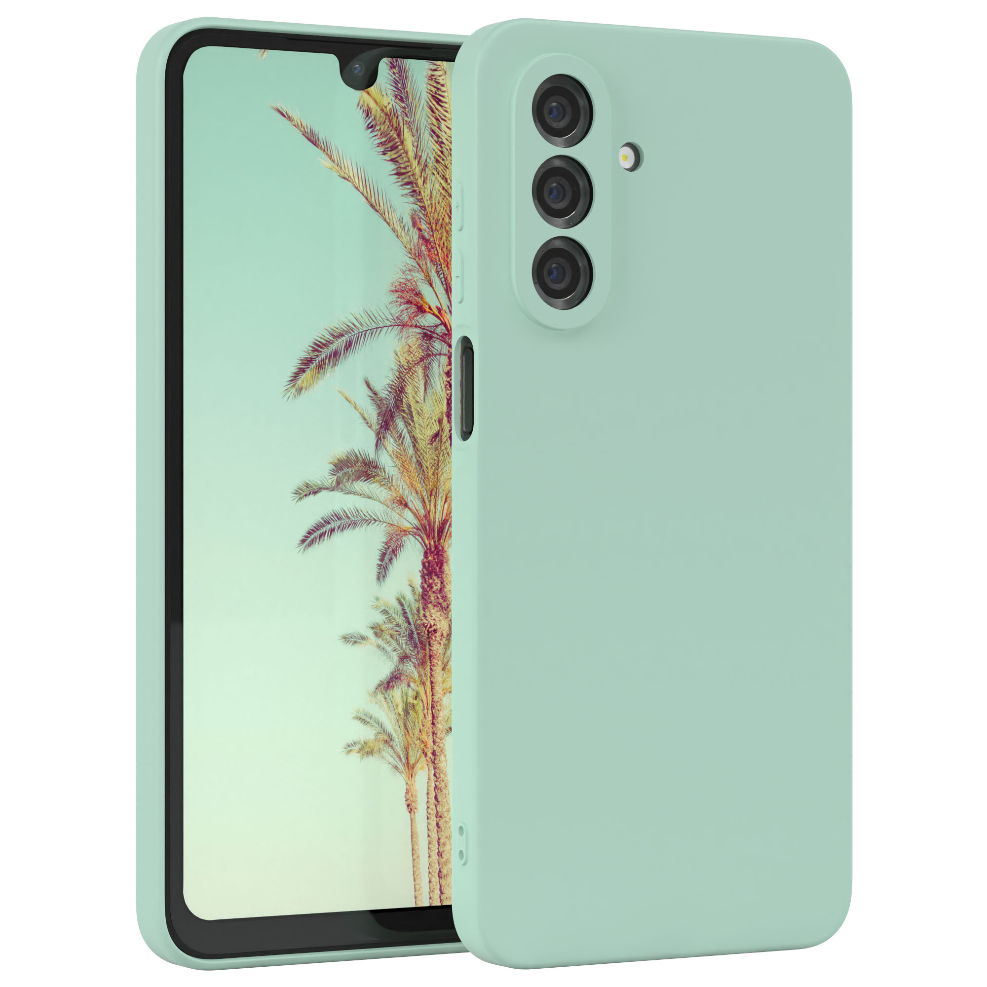 Mintgrünes Telefon in einem Gehäuse mit Palmen-Bildschirmhintergrund und Kameralinsen.