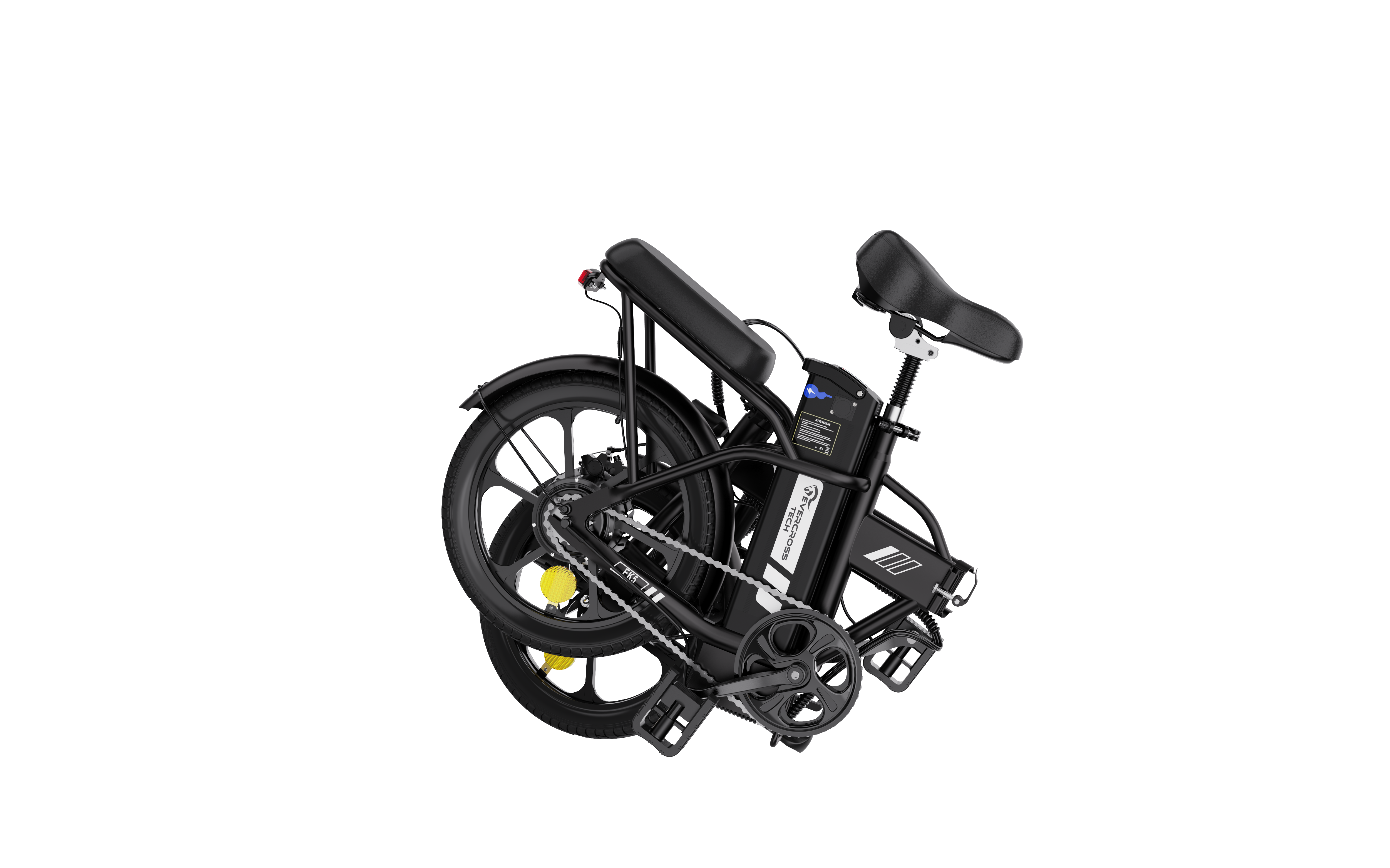 Złożony czarny rower elektryczny na czarnym tle. Rower jest kompaktowy, widoczne koła.