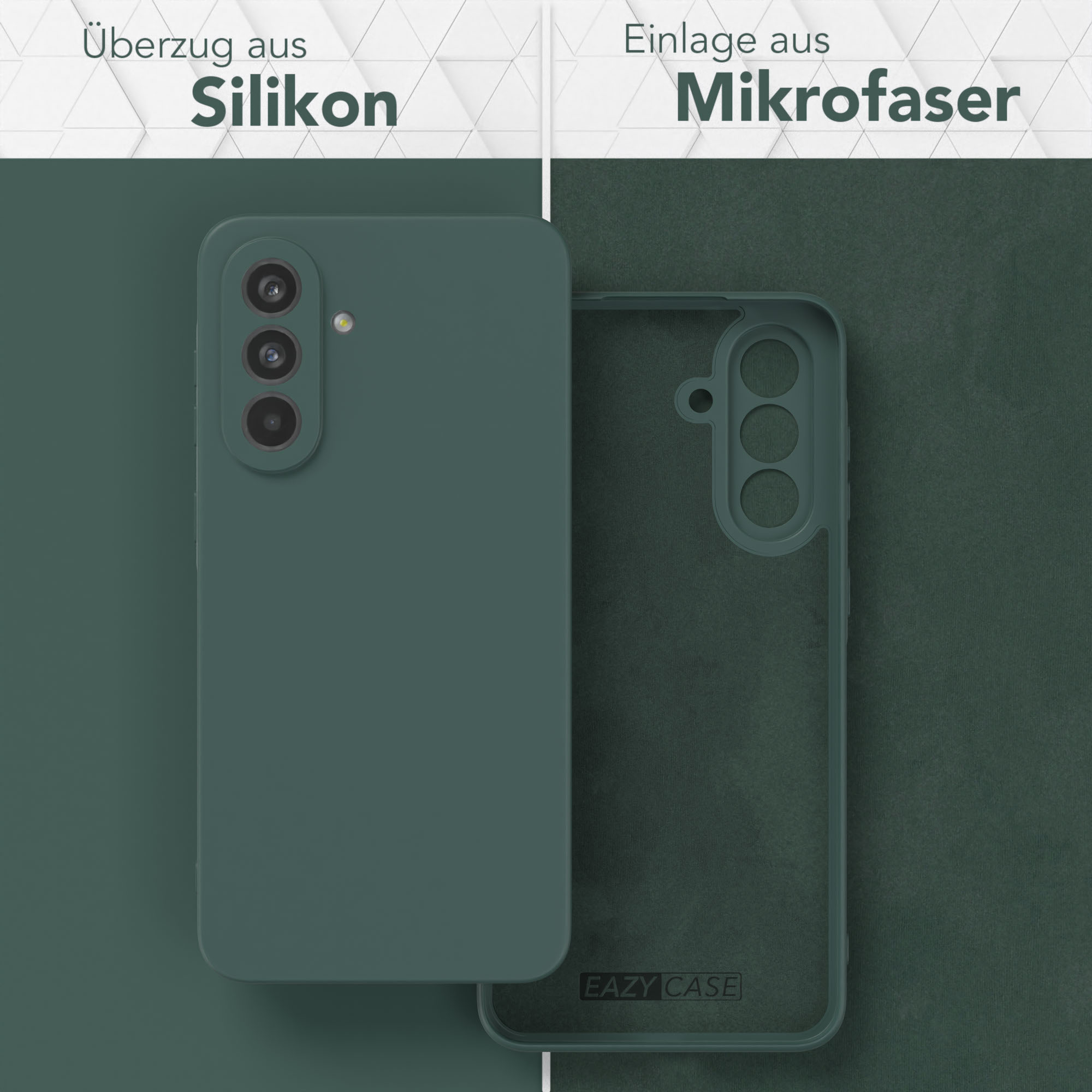 Eine grüne Handyhülle und eine leere Hülle. Die Hülle ist grün. Eine transparente Hülle ist innen gezeigt.