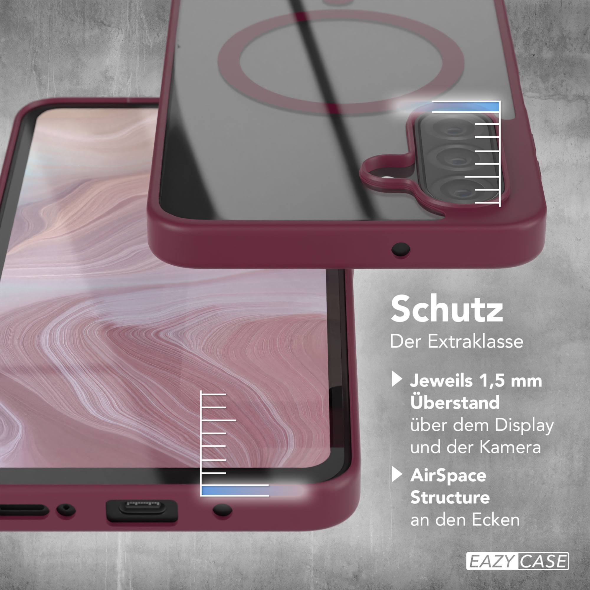 Rote Handyhülle mit Bildschirm- und Kameraschutz. Transparente Rückseite, weiße Linien und EAZY CASE Logo.