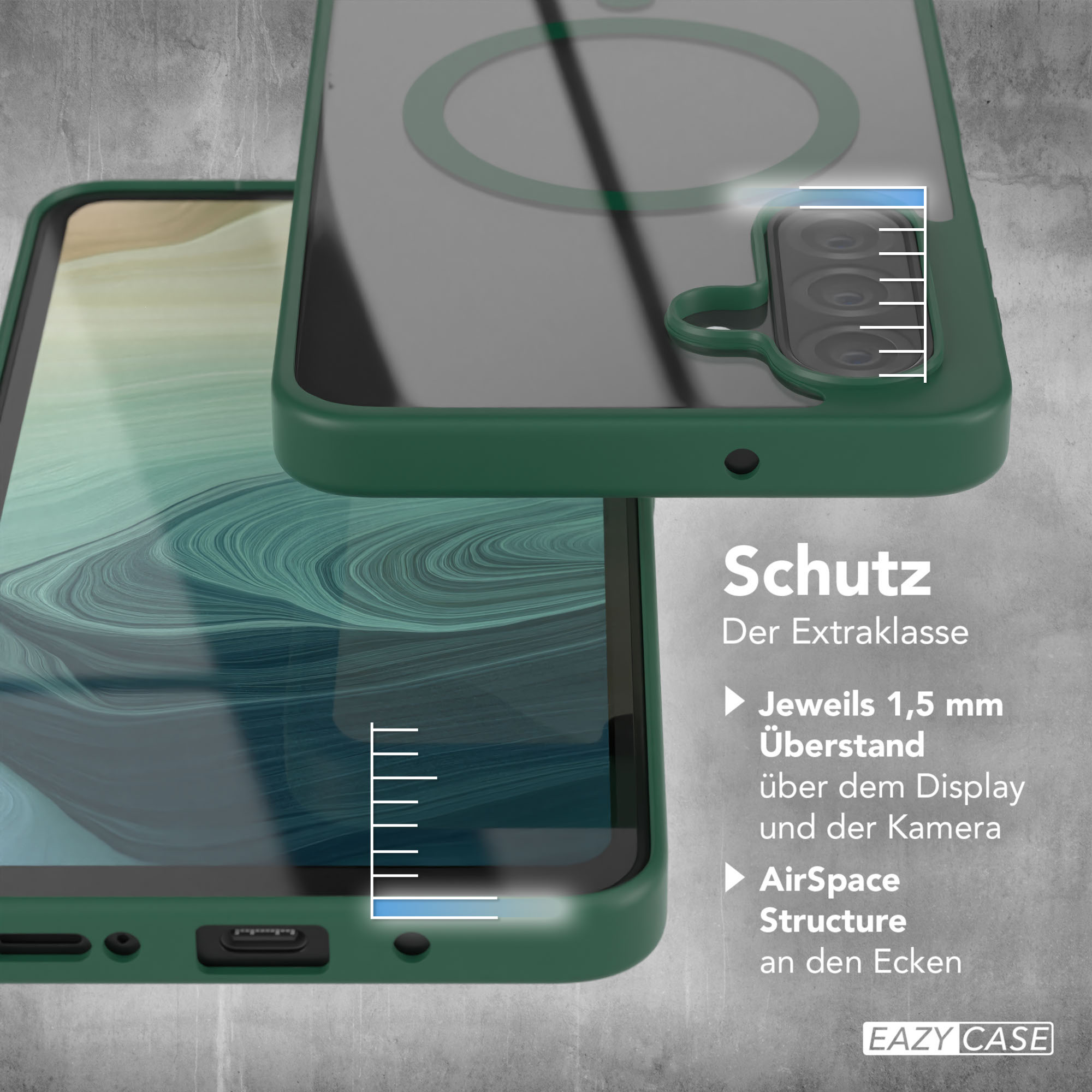 Nahaufnahme einer Handyhülle mit Telefon, zeigt Schutzfunktionen und Abmessungen auf Deutsch.
