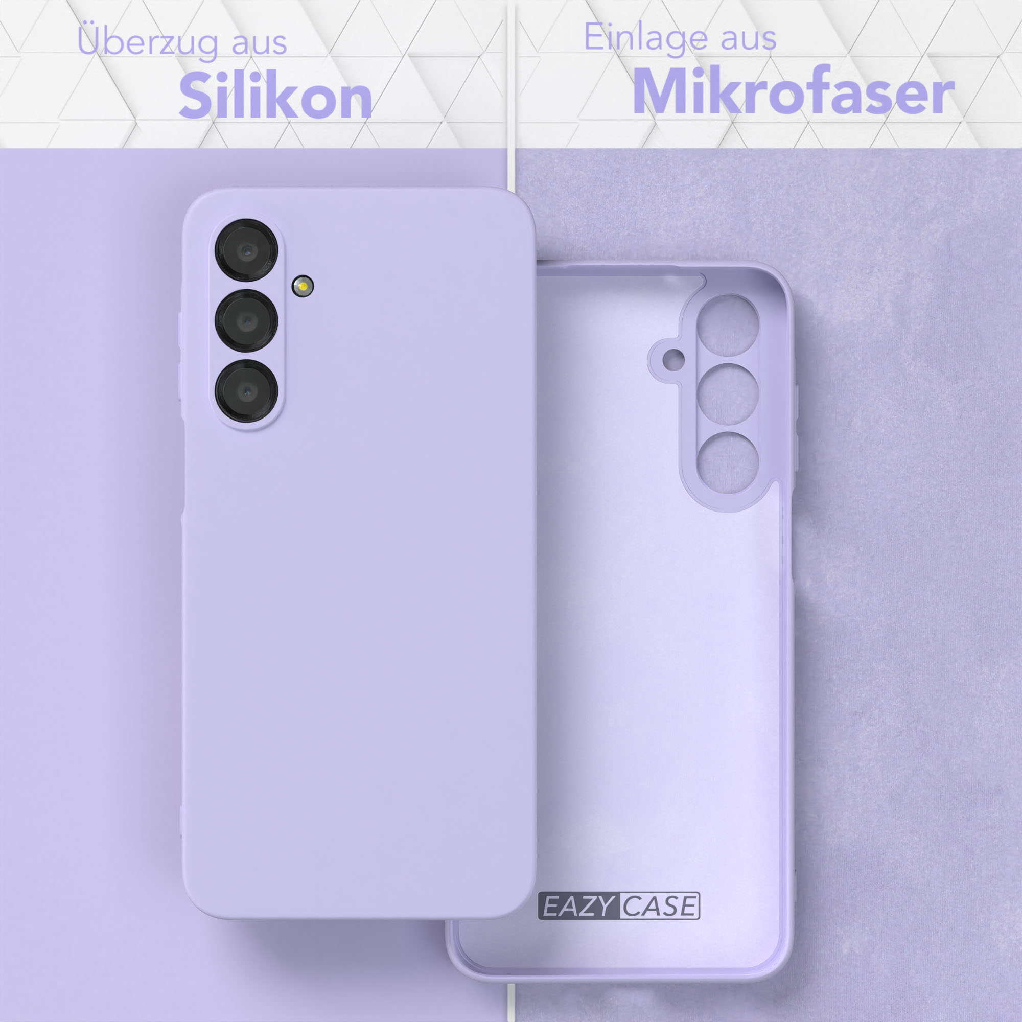 Eine lila Handyhülle mit einem Telefon darin, vor einem lila Hintergrund. Text auf Deutsch.