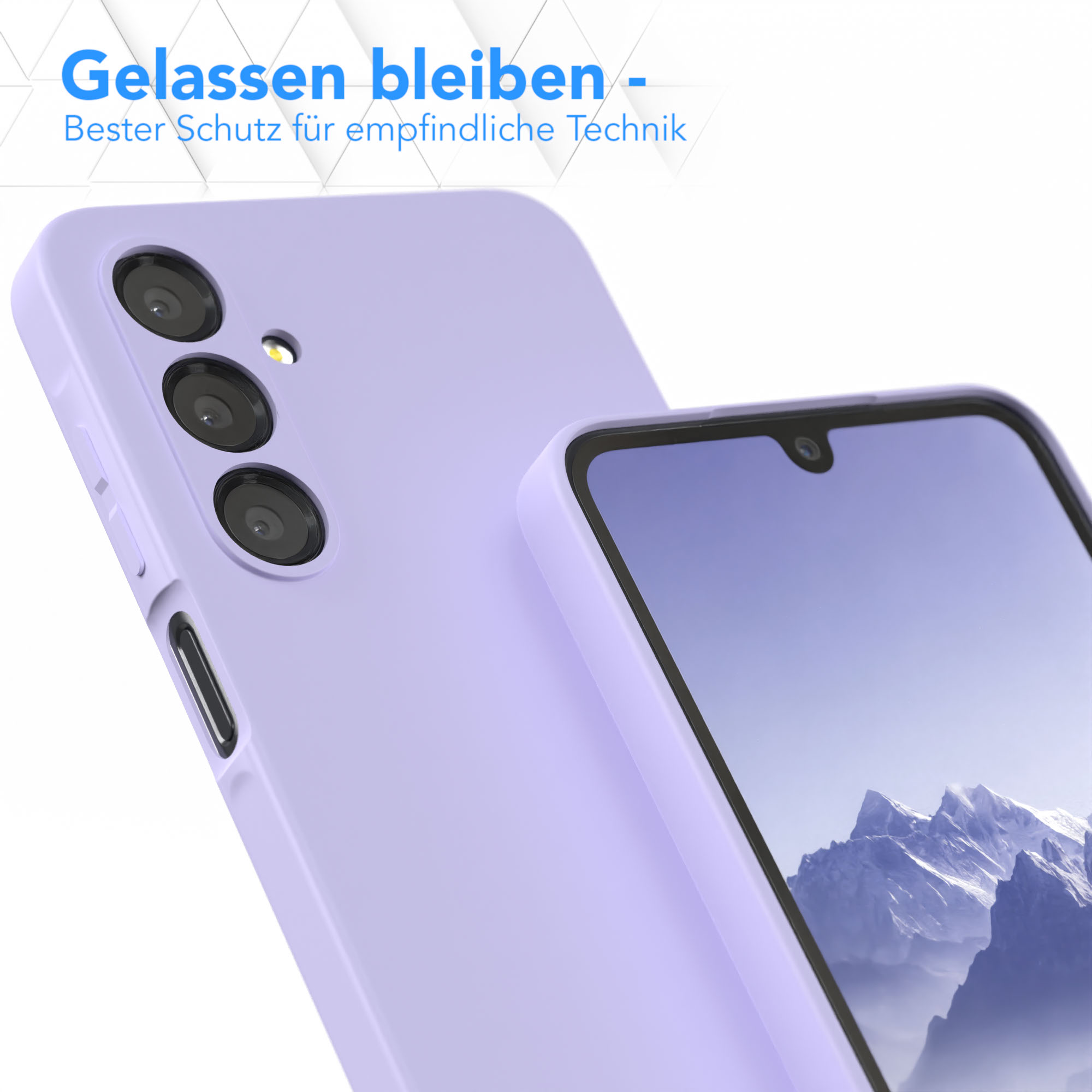 Hellviolette Handyhülle und Telefon. Das Telefon zeigt ein Bergmotiv auf dem Bildschirm.