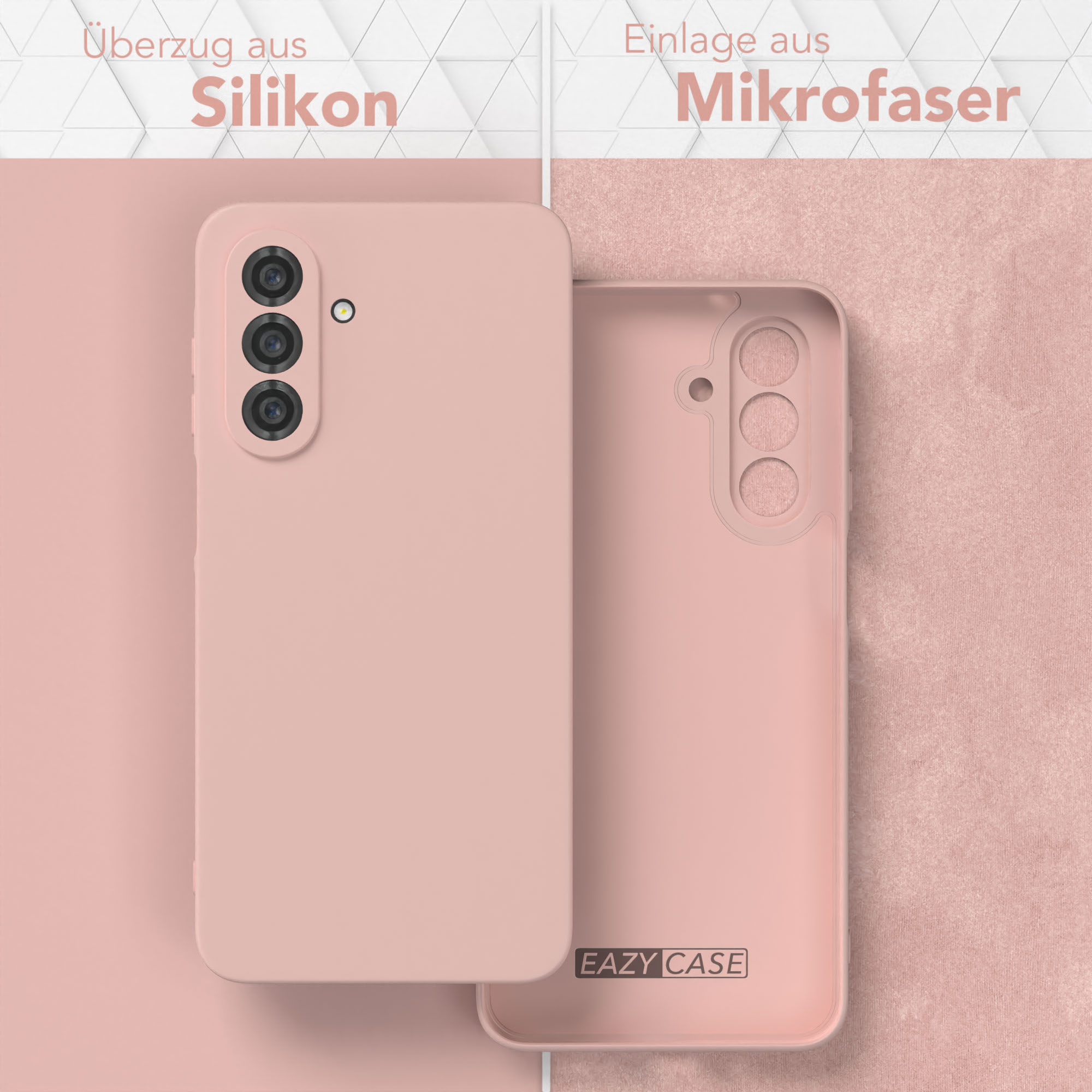 Eine pinke Handyhülle, die Außen- und Innenseite zeigt, mit Silikon- und Mikrofaser-Schicht.