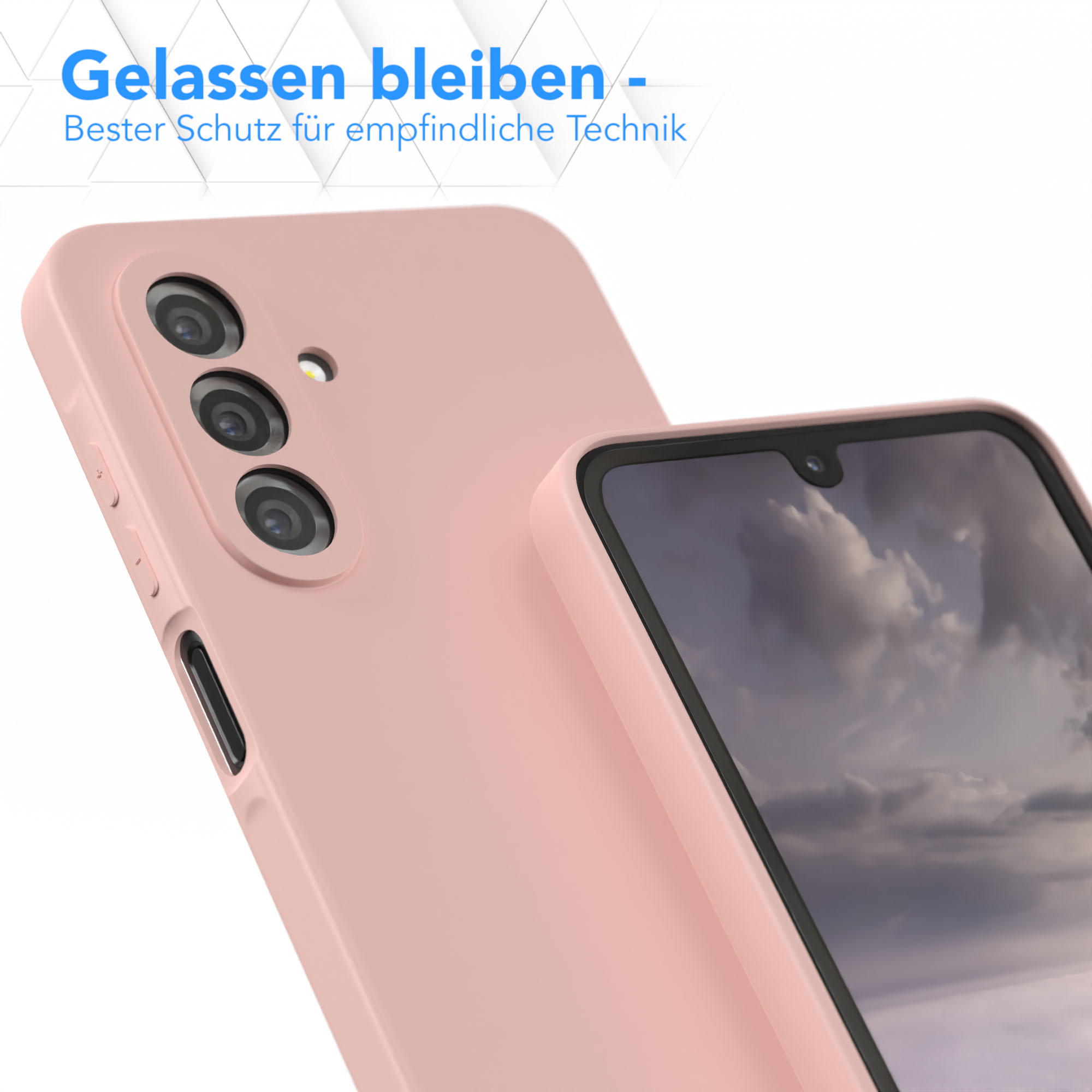 Ein rosa Telefon liegt auf einer rosa Oberfläche.