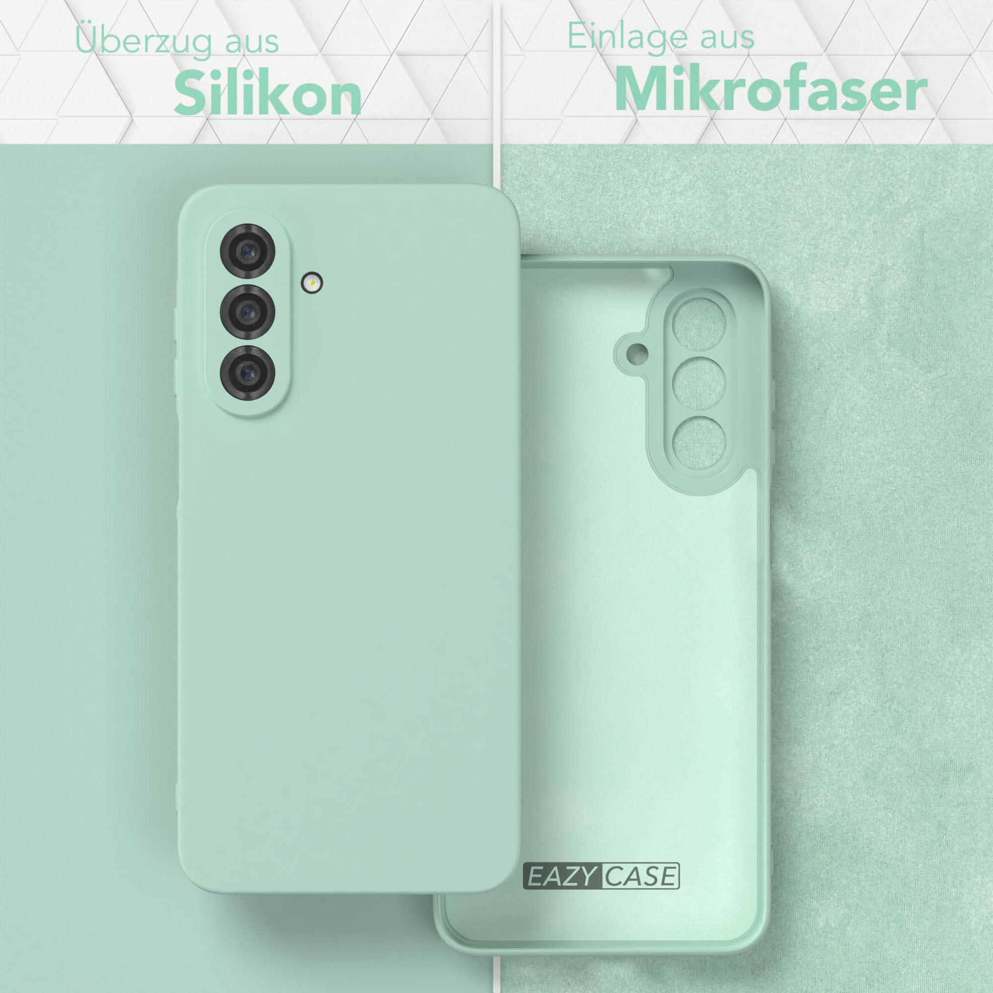 Mintgrüne Handyhülle und die Innenhülle, mit Text über Silikon- und Mikrofaser-Materialien.