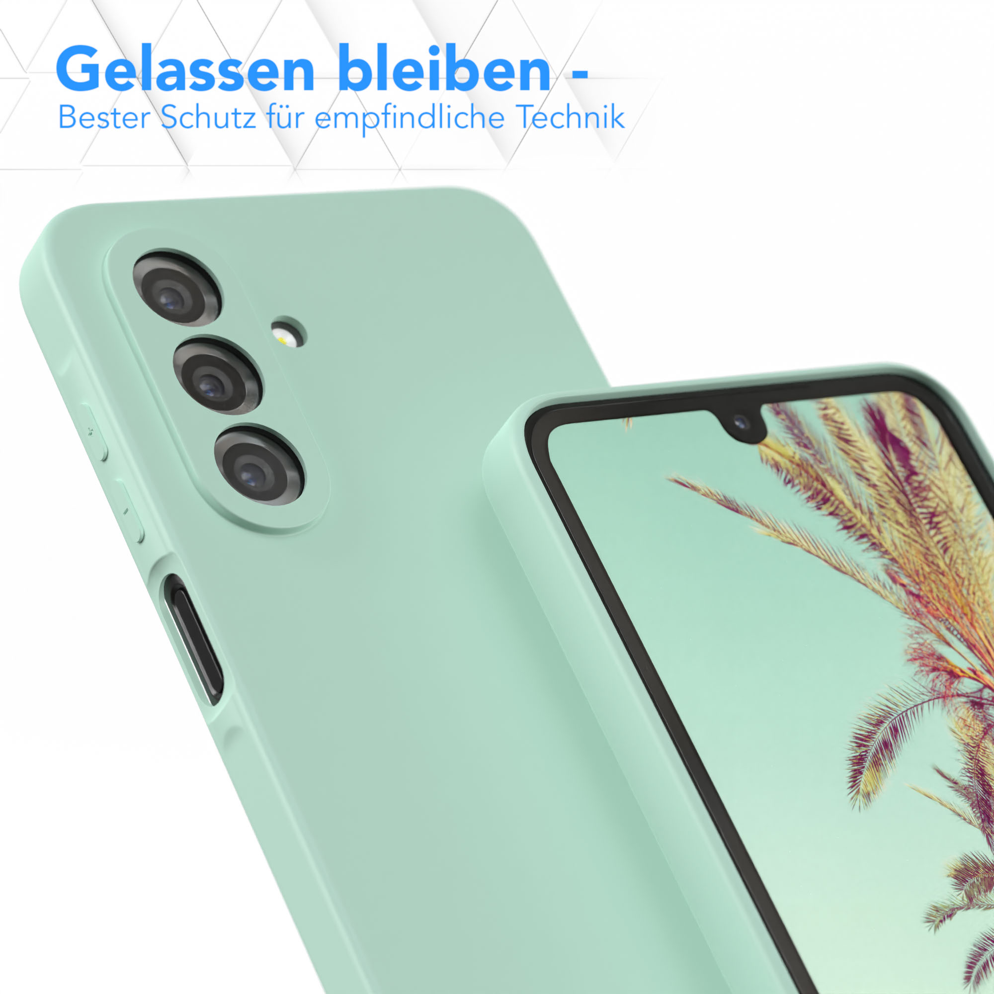 Mintgrüne Handyhülle mit hellgrünem Telefon. Es schützt das Design des Telefons.
