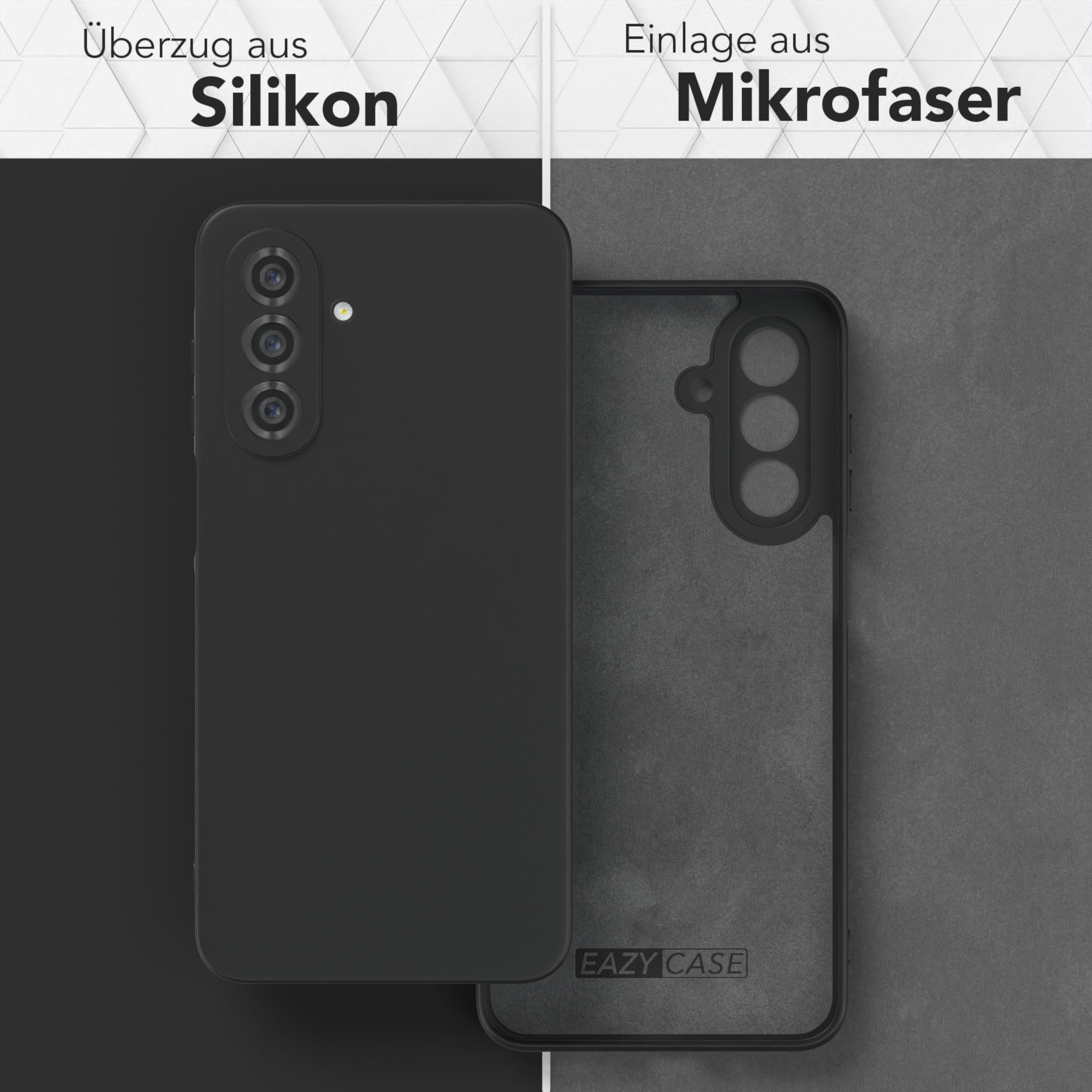 Zwei Handyhüllen, eine schwarz, eine geöffnet, mit Mikrofaserfutter und Markenlogo.