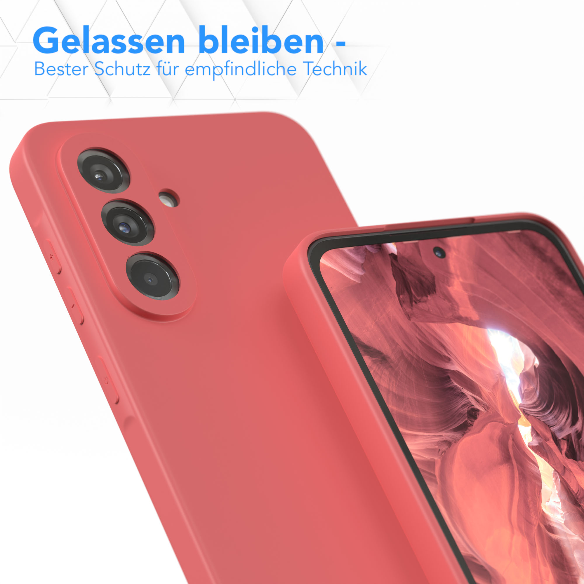 Rote Handyhülle neben einem Telefon, beide zeigen die Kamera.