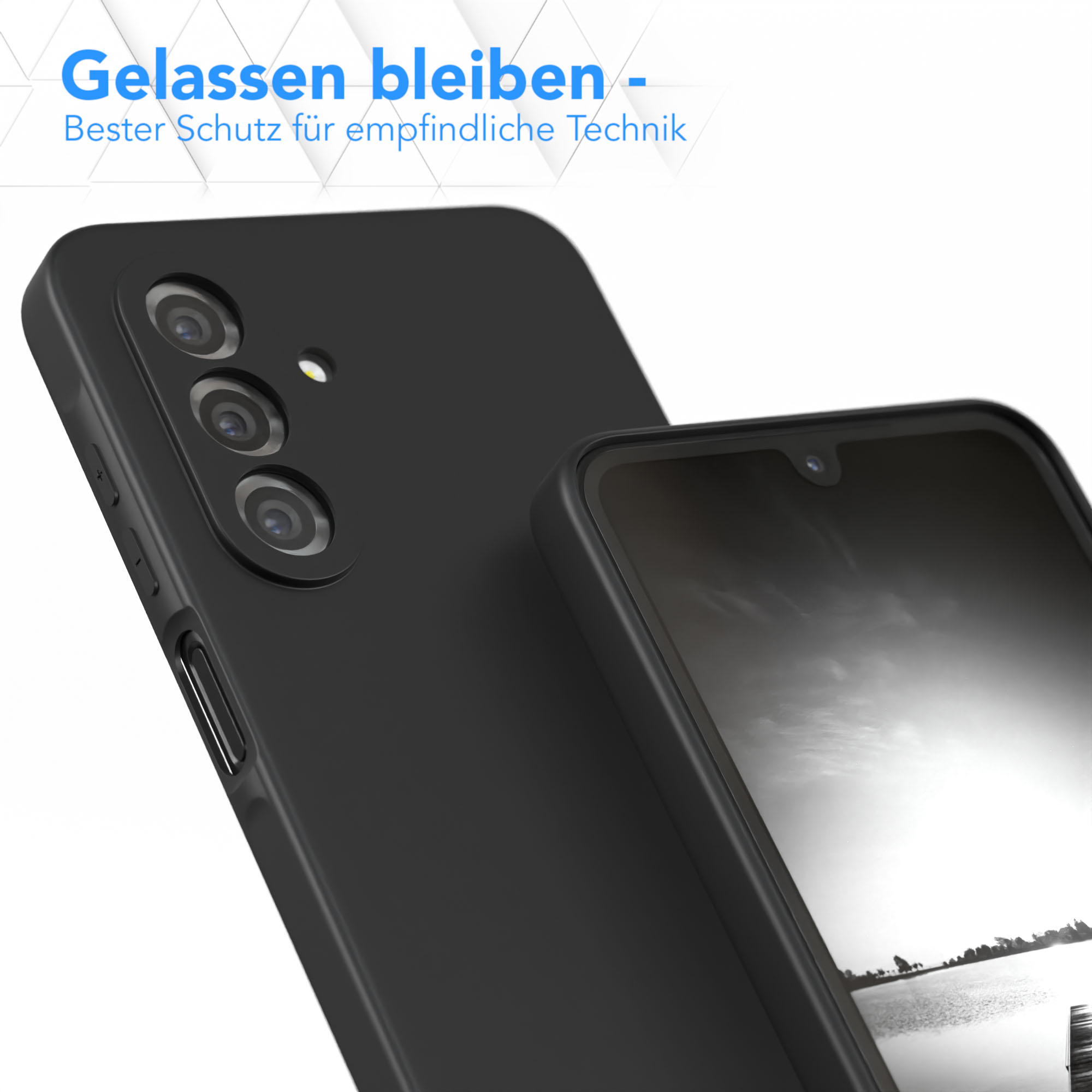 Schwarze Handyhülle mit Kameralinsen, Nahaufnahme.