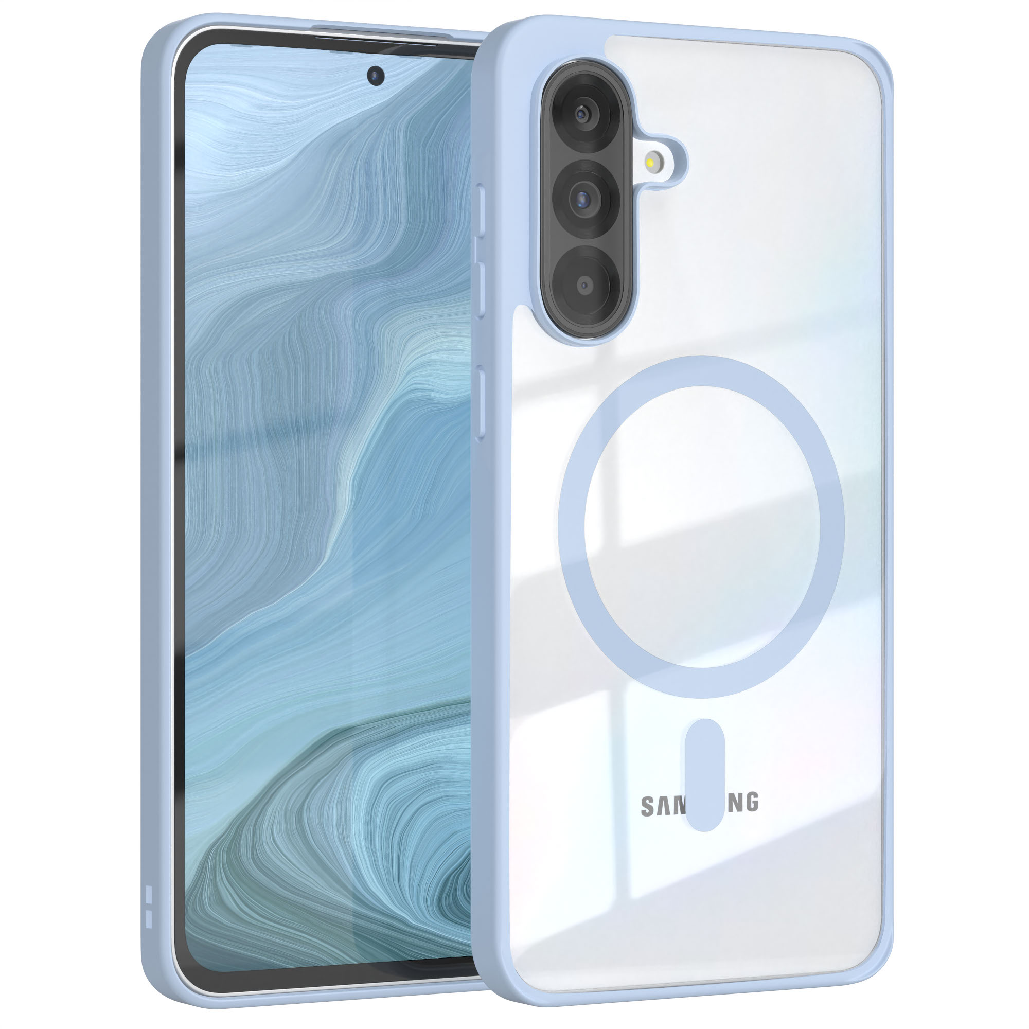 Blaue Handyhülle auf weißem Hintergrund, mit Samsung-Logo. Telefon hat eine transparente Hülle.