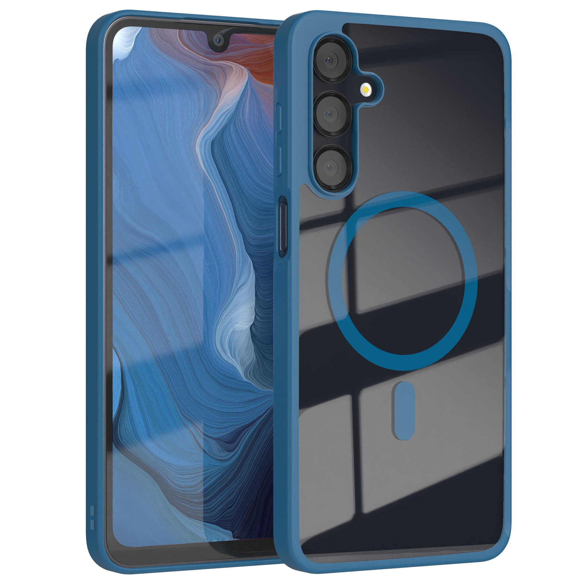 Blaue Handyhülle mit transparentem Rücken und Ring auf der Rückseite.