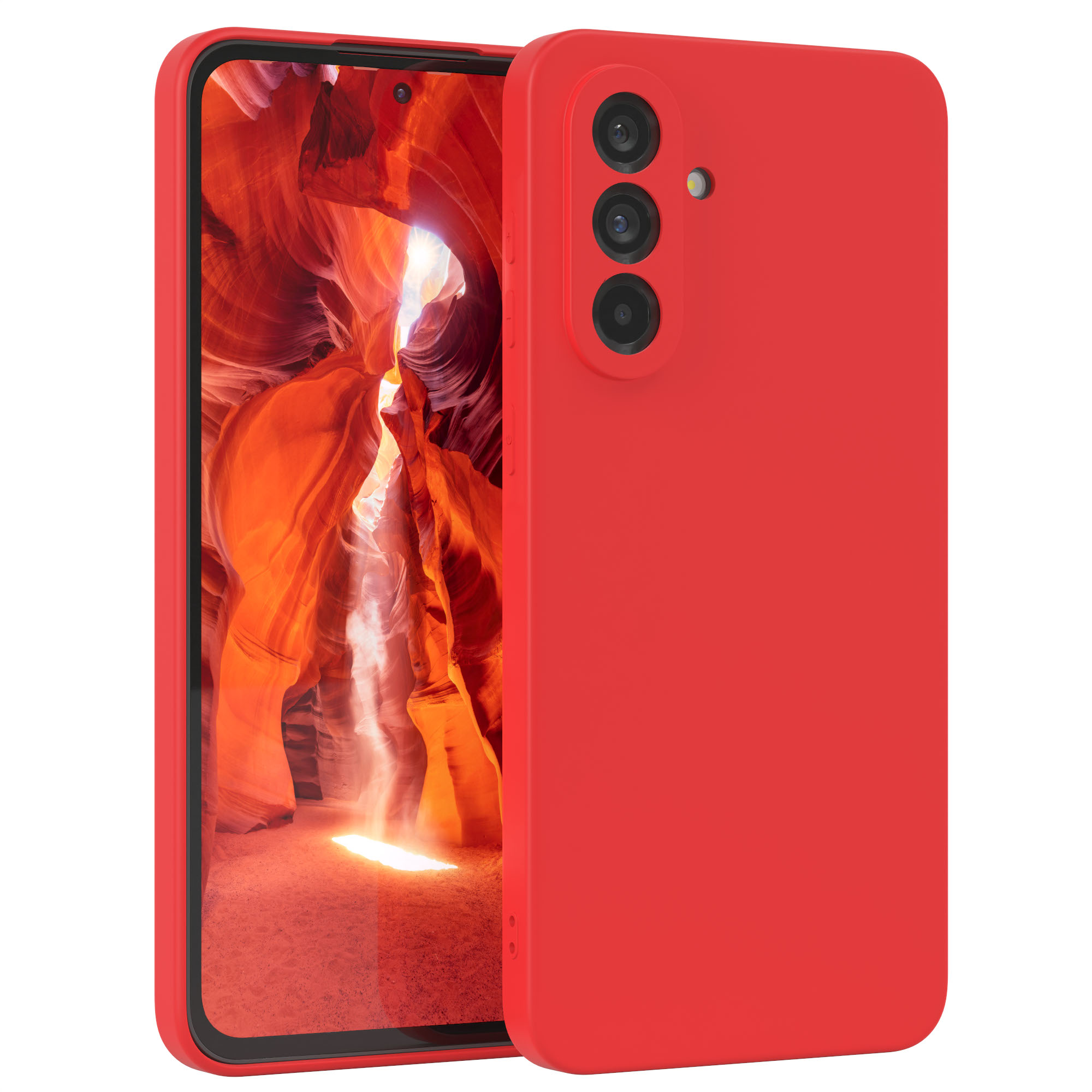 Rote Handyhülle mit Telefon. Hintergrund zeigt eine Canyon-Landschaft.