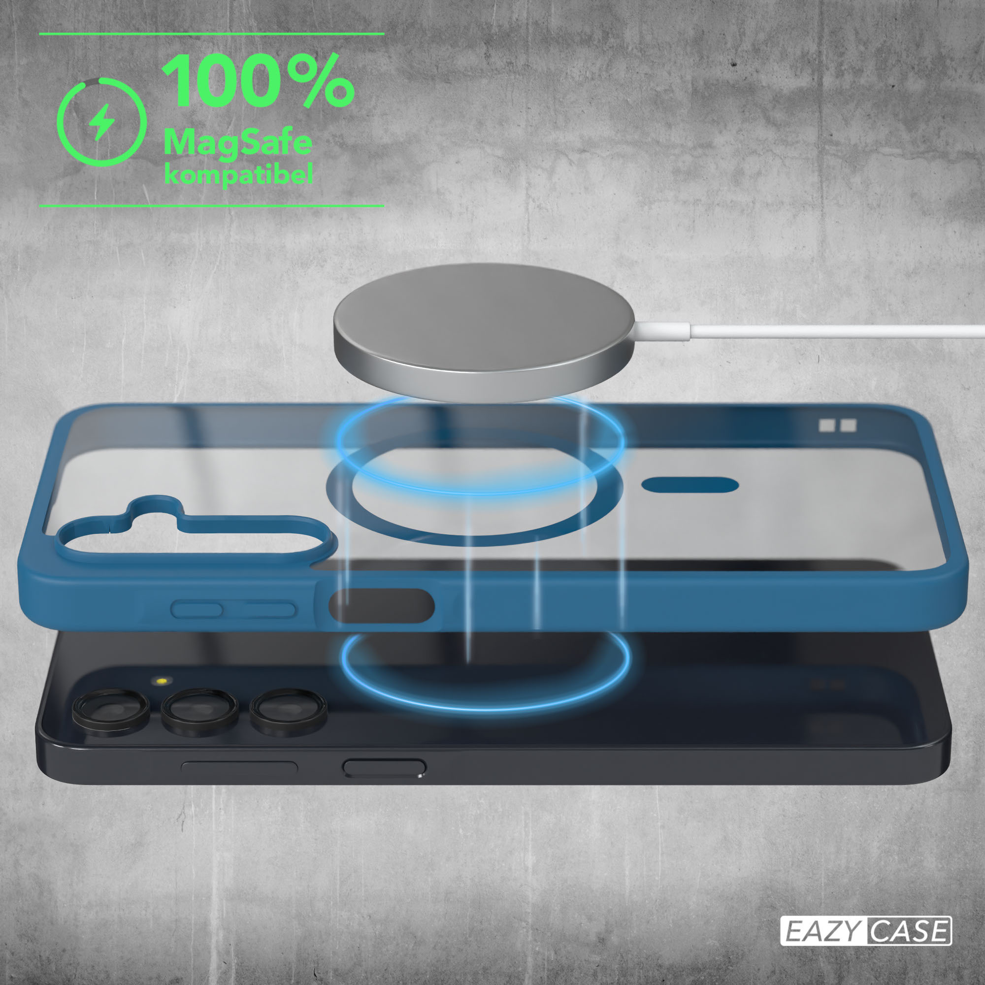 Handyhülle in Blau und ein Telefon. Text: '100% MagSafe kompatibel' und 'EAZY CASE' Logo.