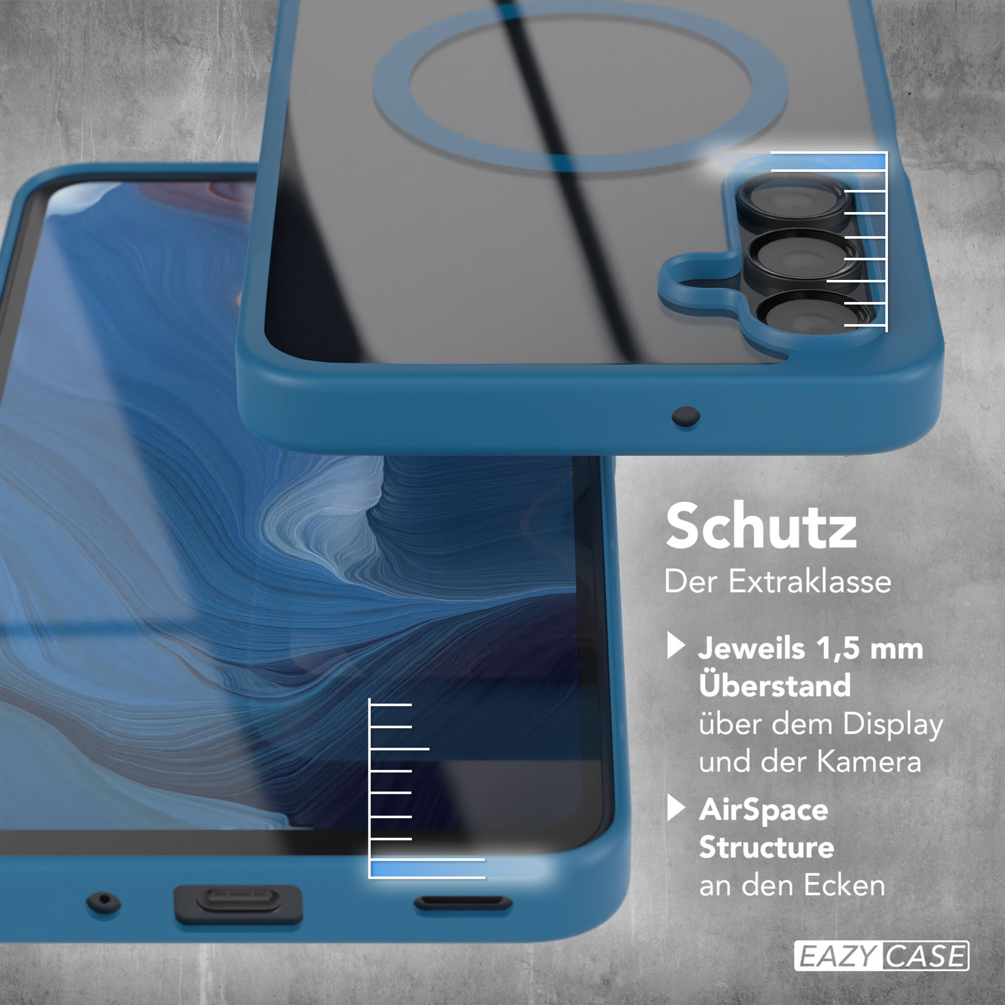 Blaue Handyhülle mit Telefon. Zeigt Struktur- und Schutzfunktionen. Textdetails.