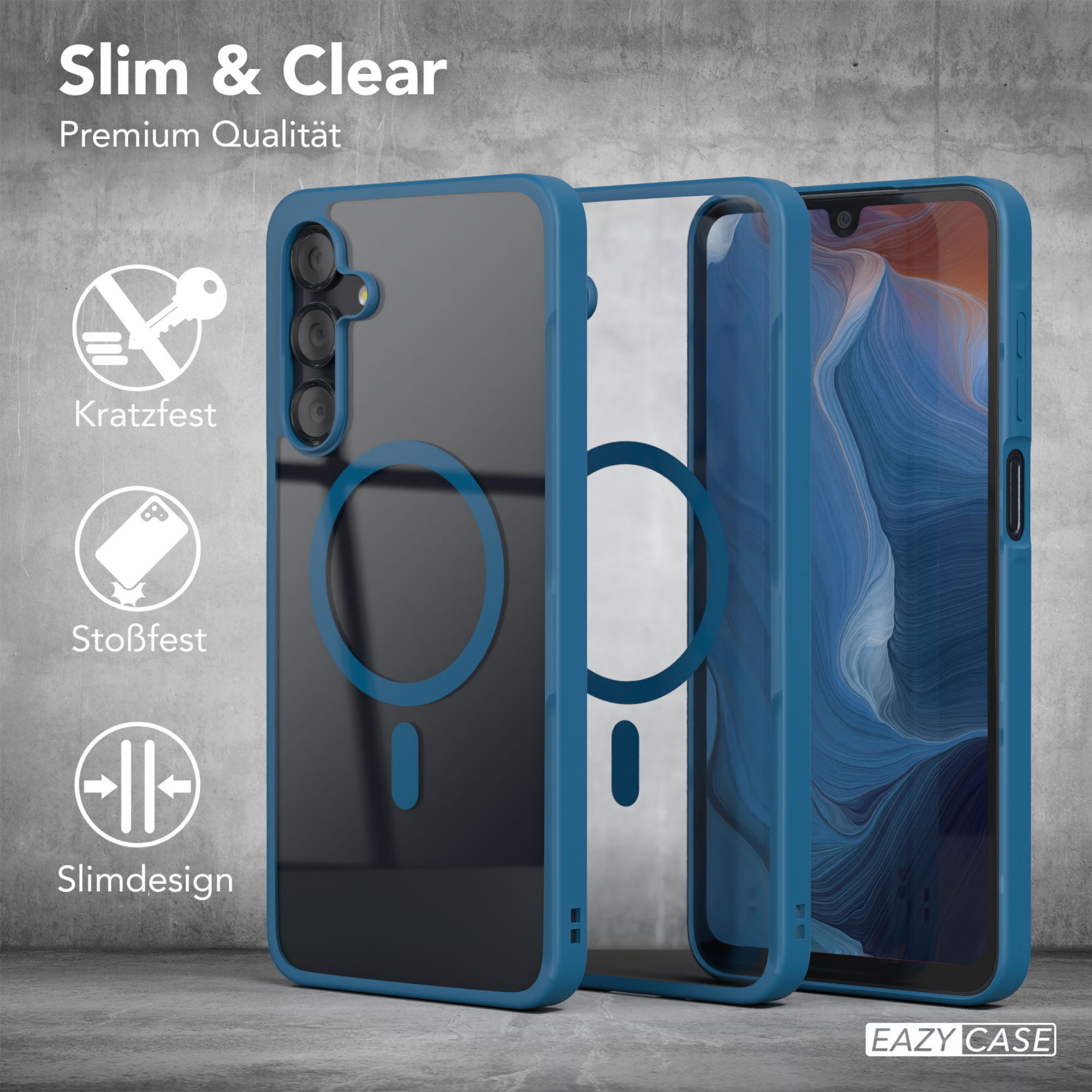 Drei Handyhüllen, eine blaue und zwei transparente, die kratzfeste und schlanke Designmerkmale zeigen.