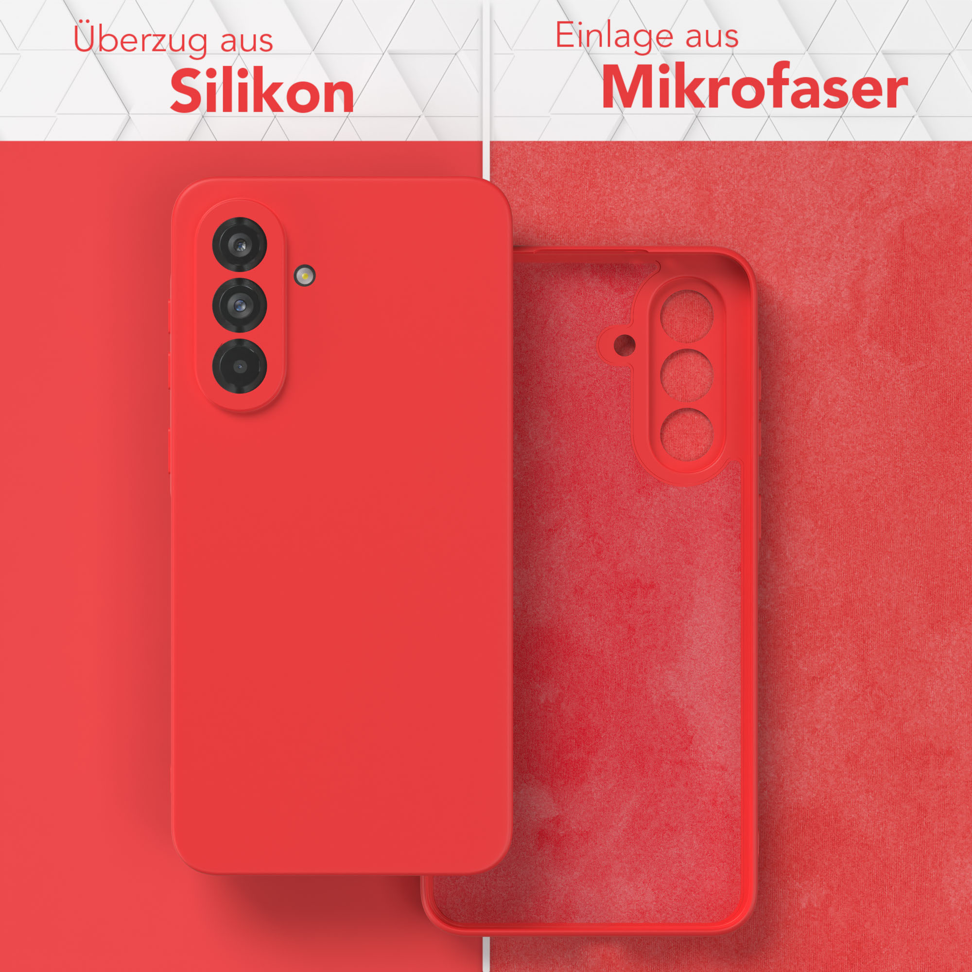 Rote Handyhülle mit Silikon außen und Mikrofaser innen, in zwei Hälften geteilt.