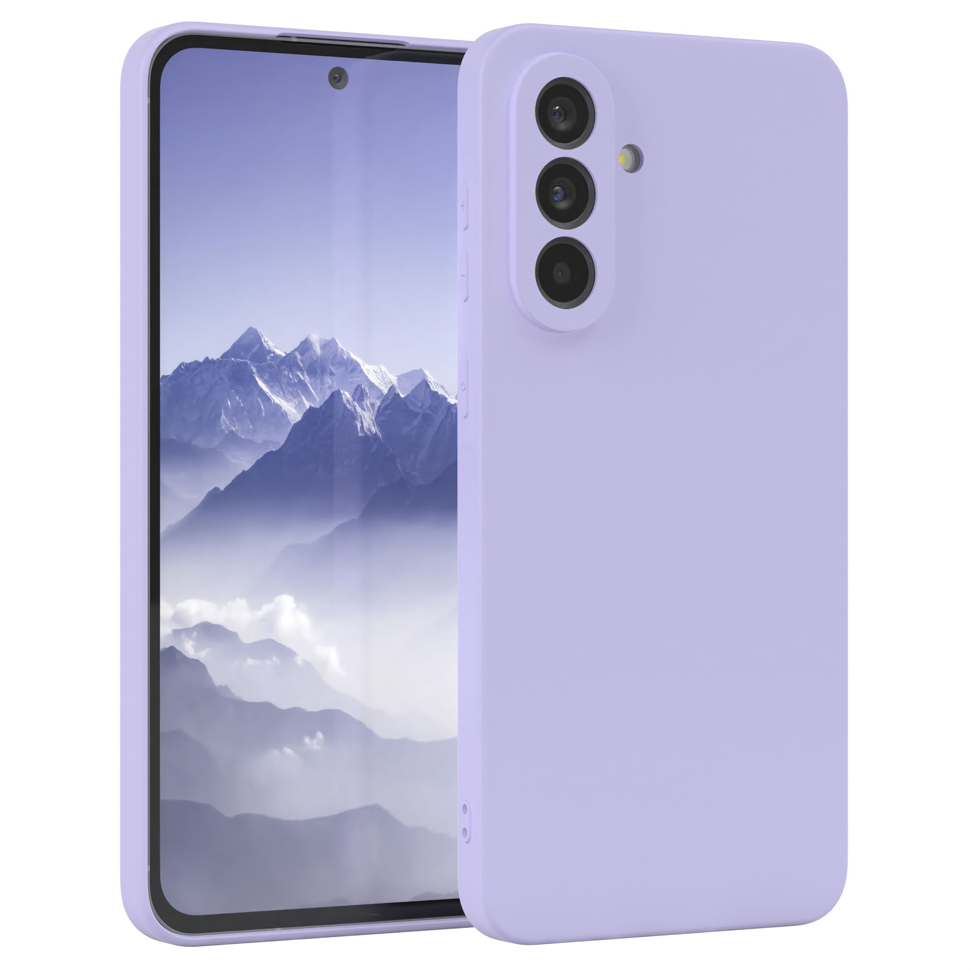 Lila Handyhülle mit einem Telefon. Das Telefon hat drei Kameras und ist eingeschaltet.