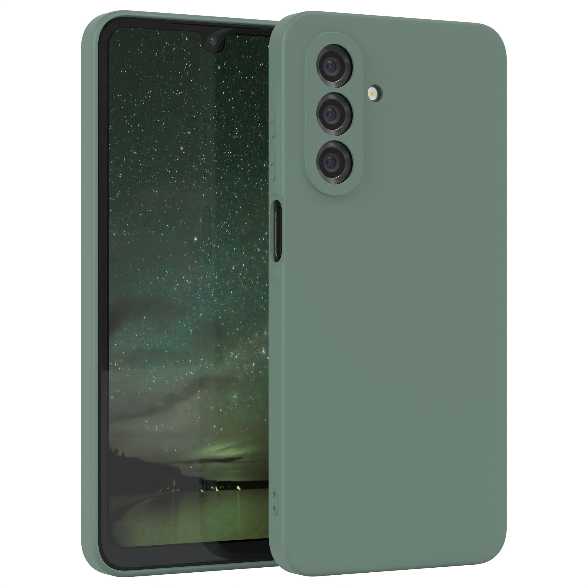 Eine grüne Handyhülle mit einem Handy darin, das drei Kameras zeigt. Die Handyhülle liegt auf weißem Untergrund.