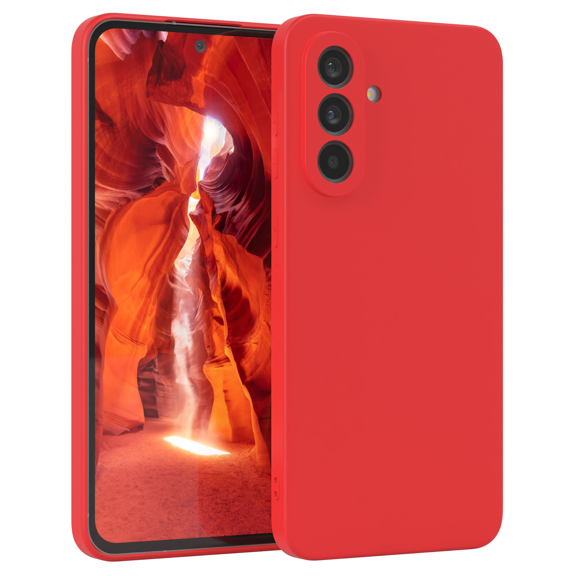 Rotes Smartphone mit roter Hülle. Der Bildschirm zeigt eine rote Canyon-Szene.