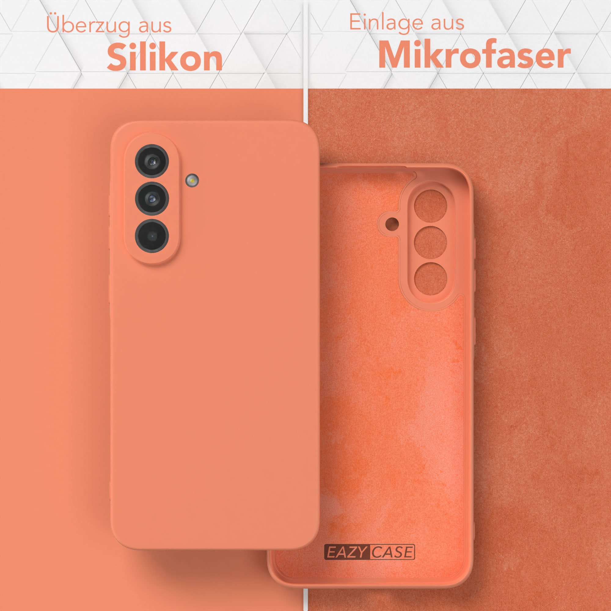 Orangene Handyhülle, Vorder- und Rückseite. Text: Silikonhülle und Mikrofaser-Innenausstattung. EAZY CASE Logo.