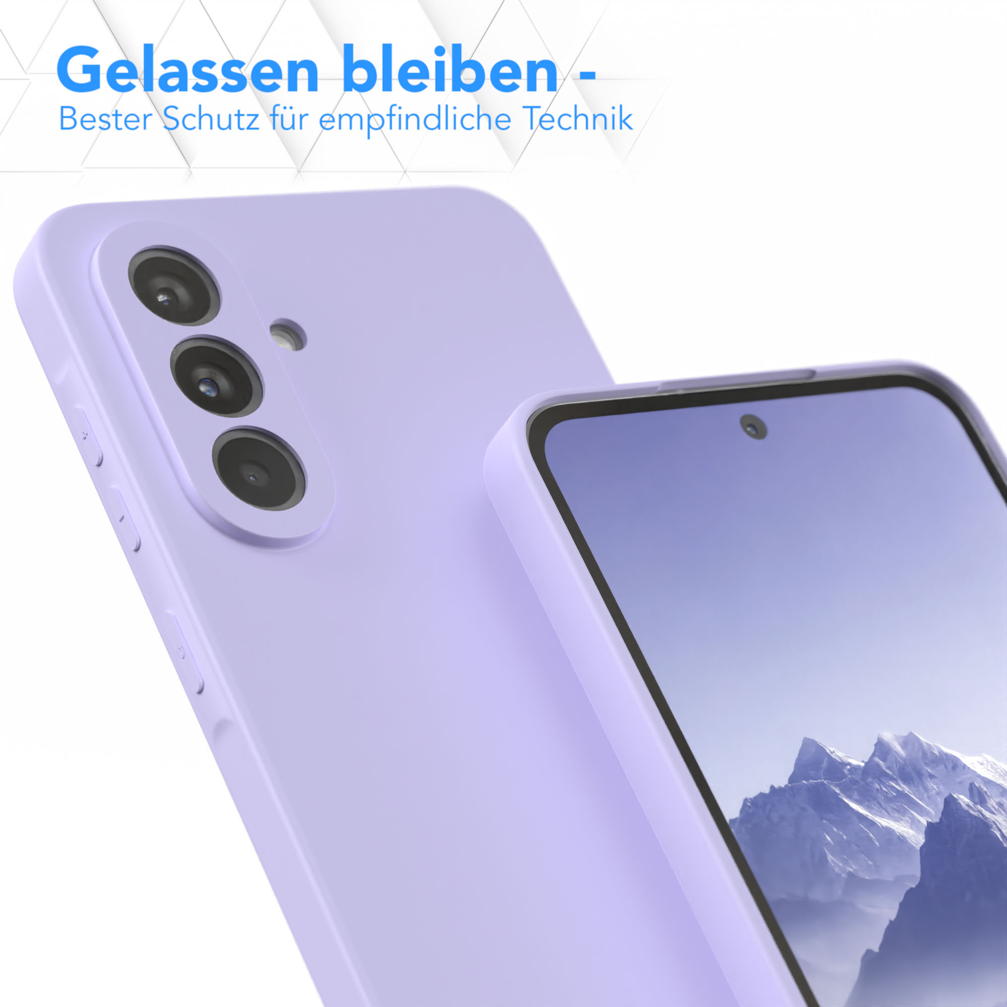 Ein lila Telefon und Hülle, die ein elegantes Design zeigen, mit verschwommenem Hintergrund.