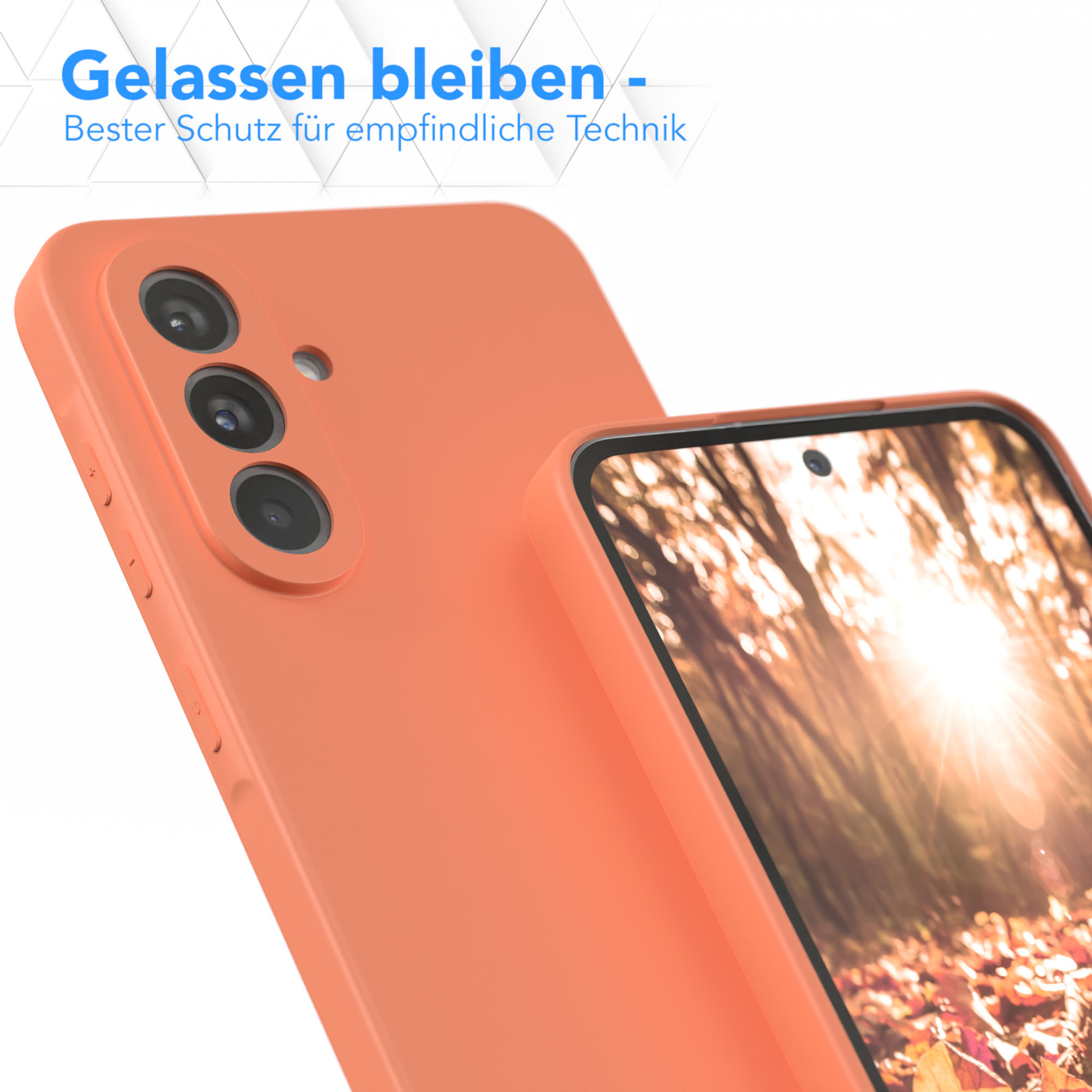 Oranges Telefon und Handyhülle mit Text zum Schutz.