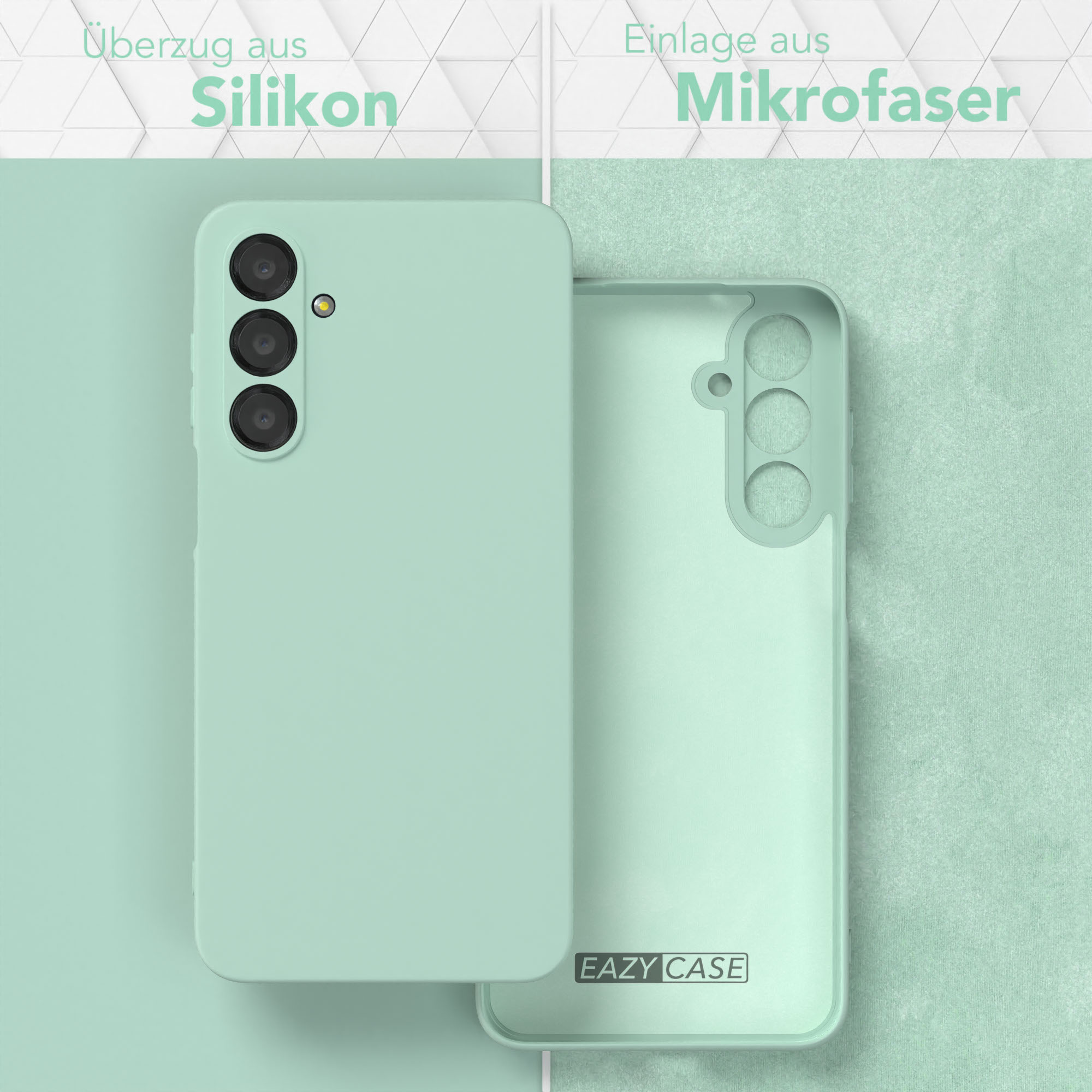 Minzgrüne Handyhülle und Innenfutter. Text: Überzug aus Silikon, Einlage aus Mikrofaser. Eazy Case Logo.