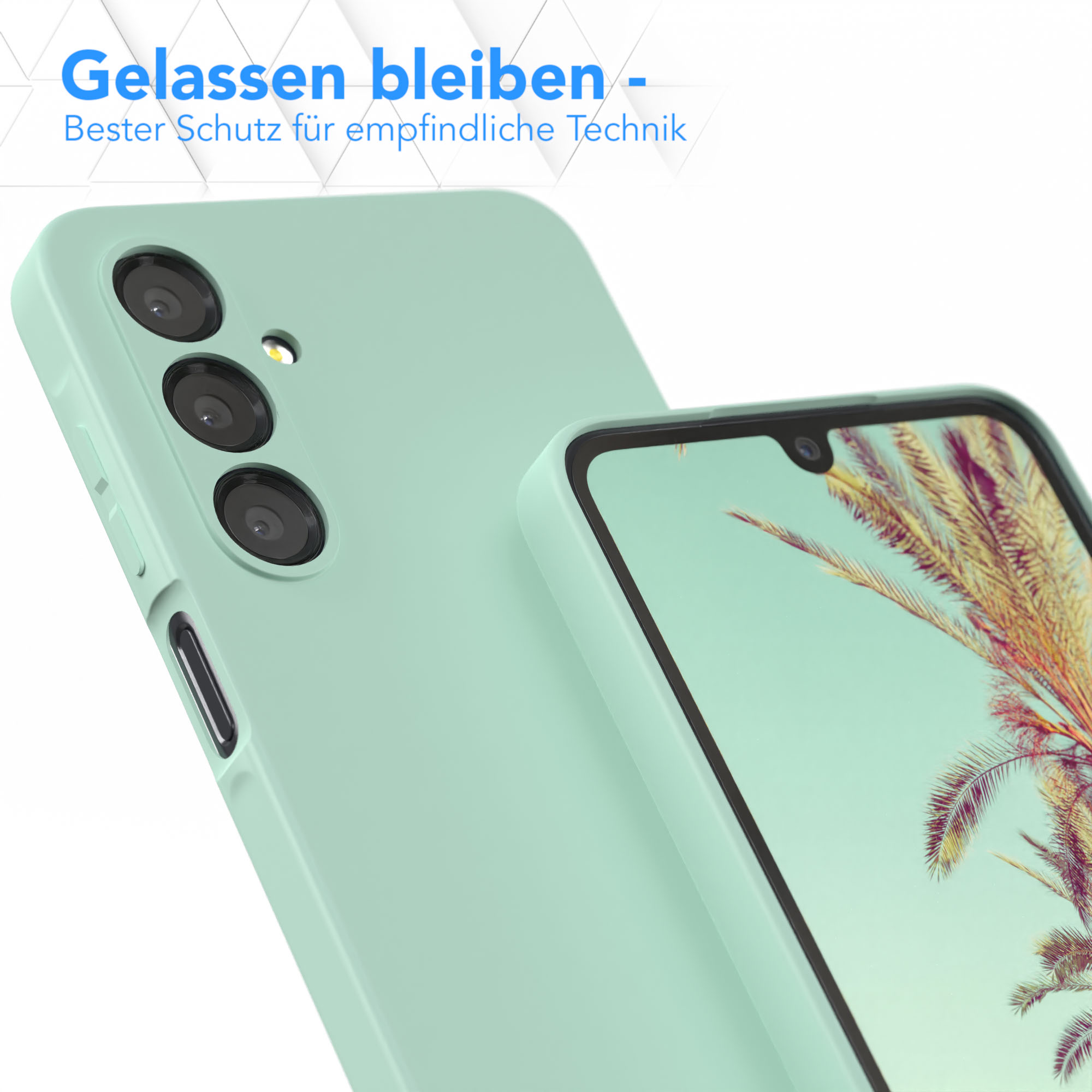 Nahaufnahme einer mintgrünen Handyhülle und eines Telefons. Das Telefon zeigt einen Palmenhintergrund.