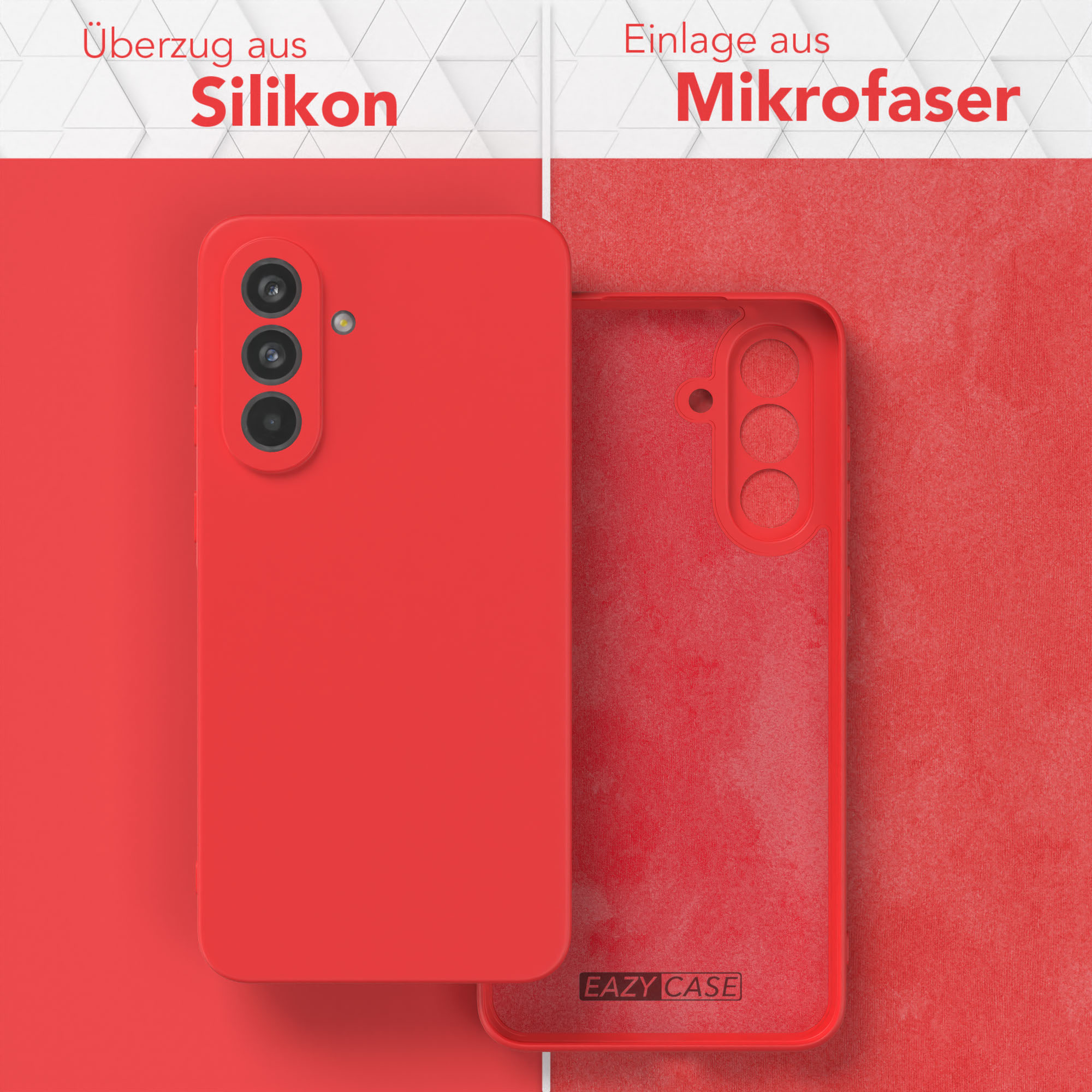Ein rotes Telefon und eine rote Handyhülle werden gezeigt. Die Hülle besteht aus Silikon und Mikrofaser.