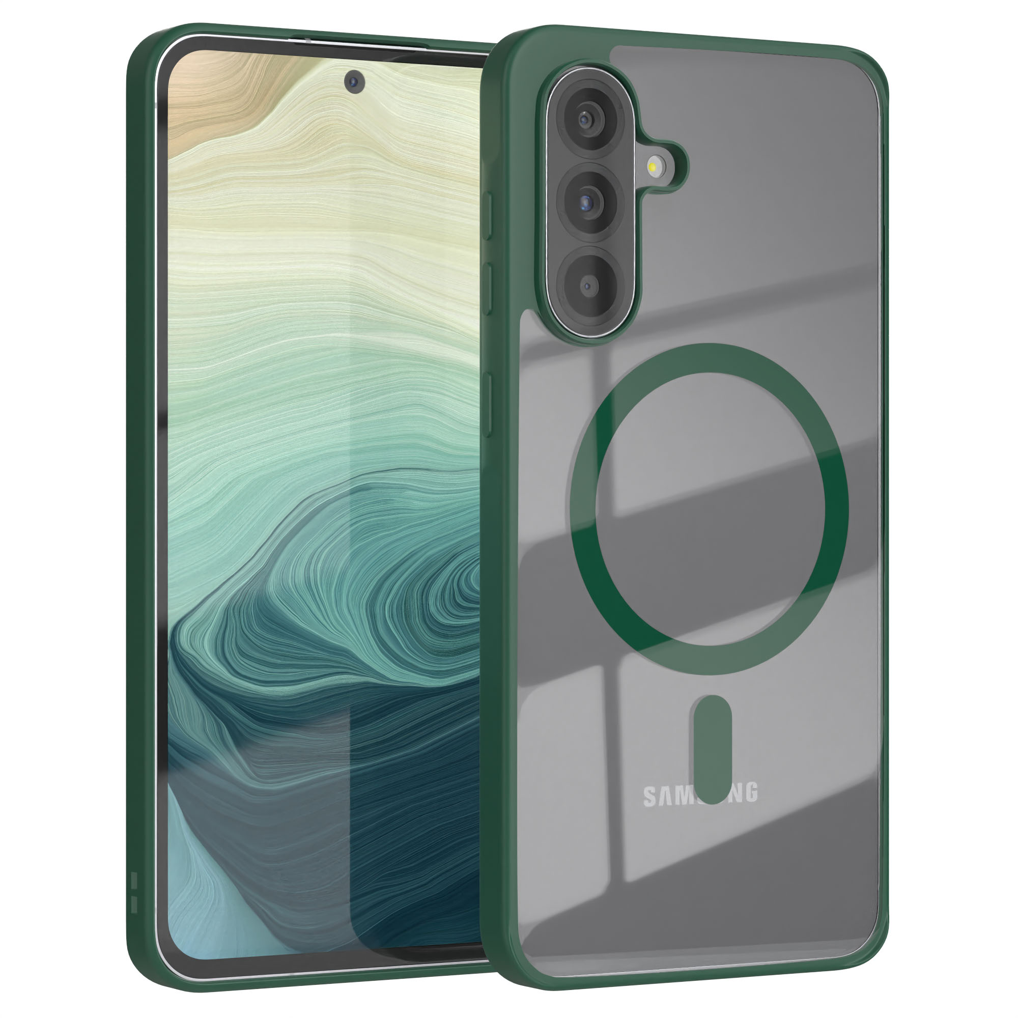 Grünes Telefon mit transparenter Hülle, Ladesymbol auf weißem Hintergrund.