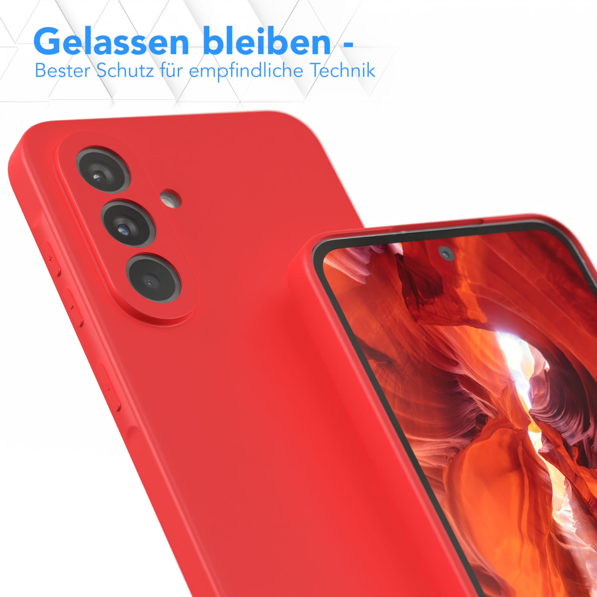 Rote Handyhülle bedeckt ein Telefon. Text oben.