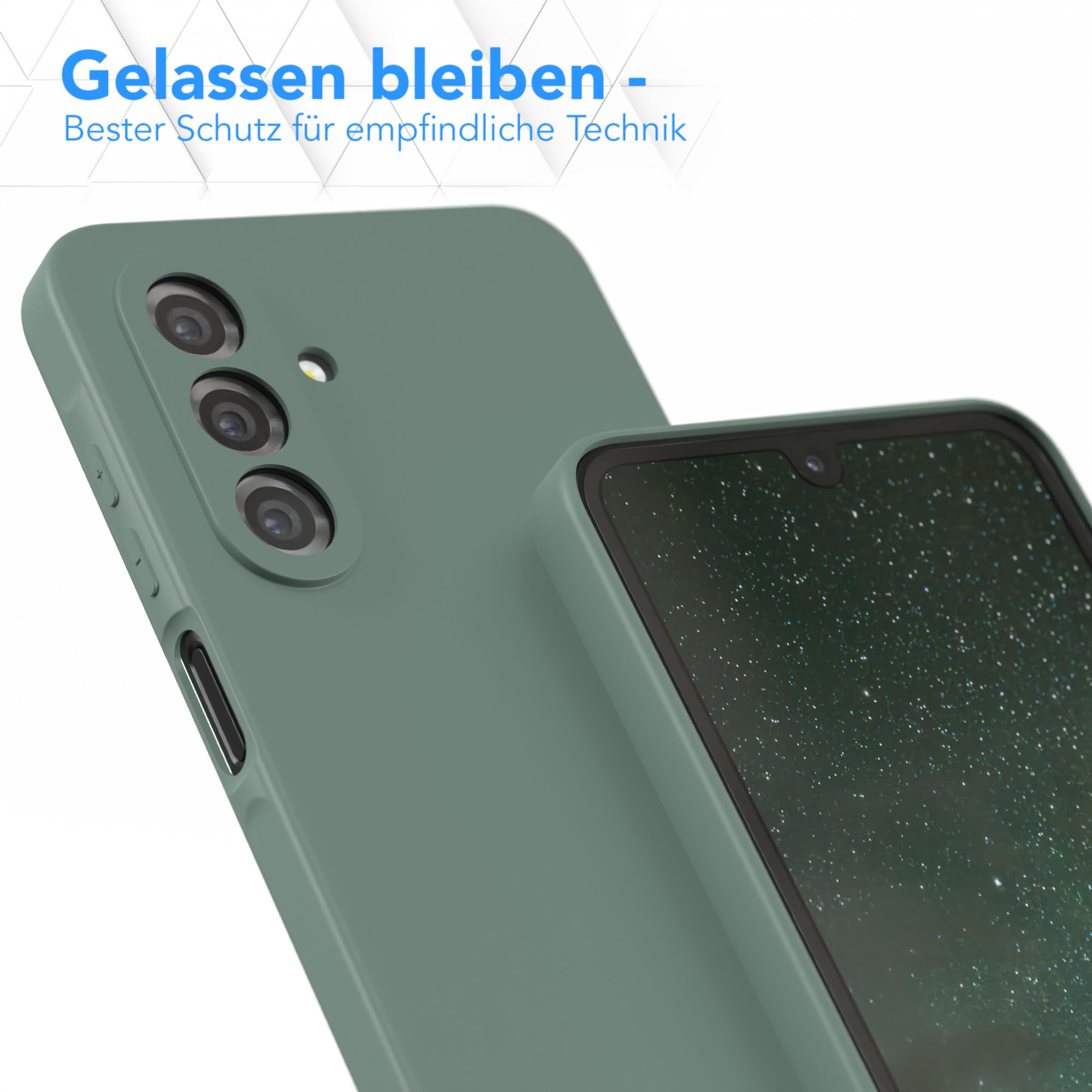 Telefonhülle ist grün, mit einem grünen Telefon darin. Die Hülle bedeckt die Rückseite und Seiten des Telefons.