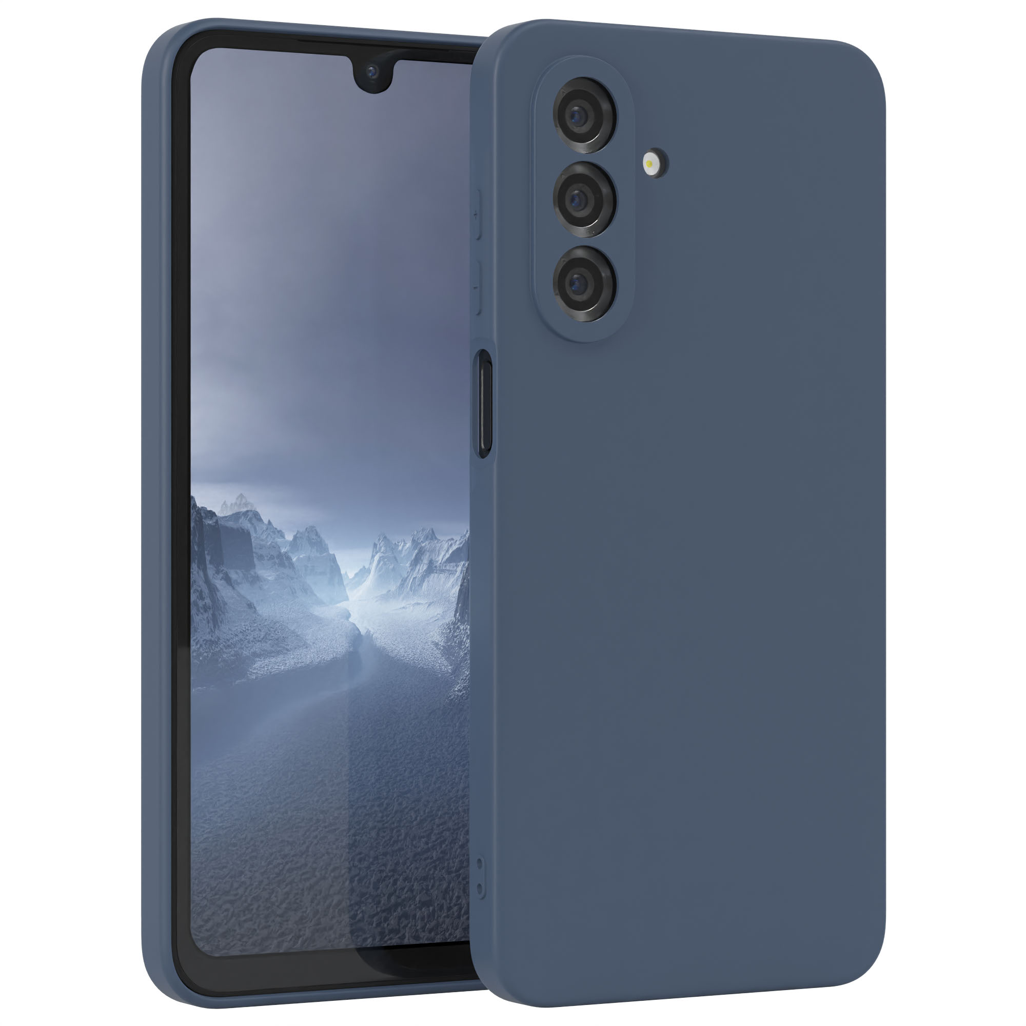 Blaues Telefon in Hülle. Bildschirm an. Dreifachkamera. Weißer Hintergrund.