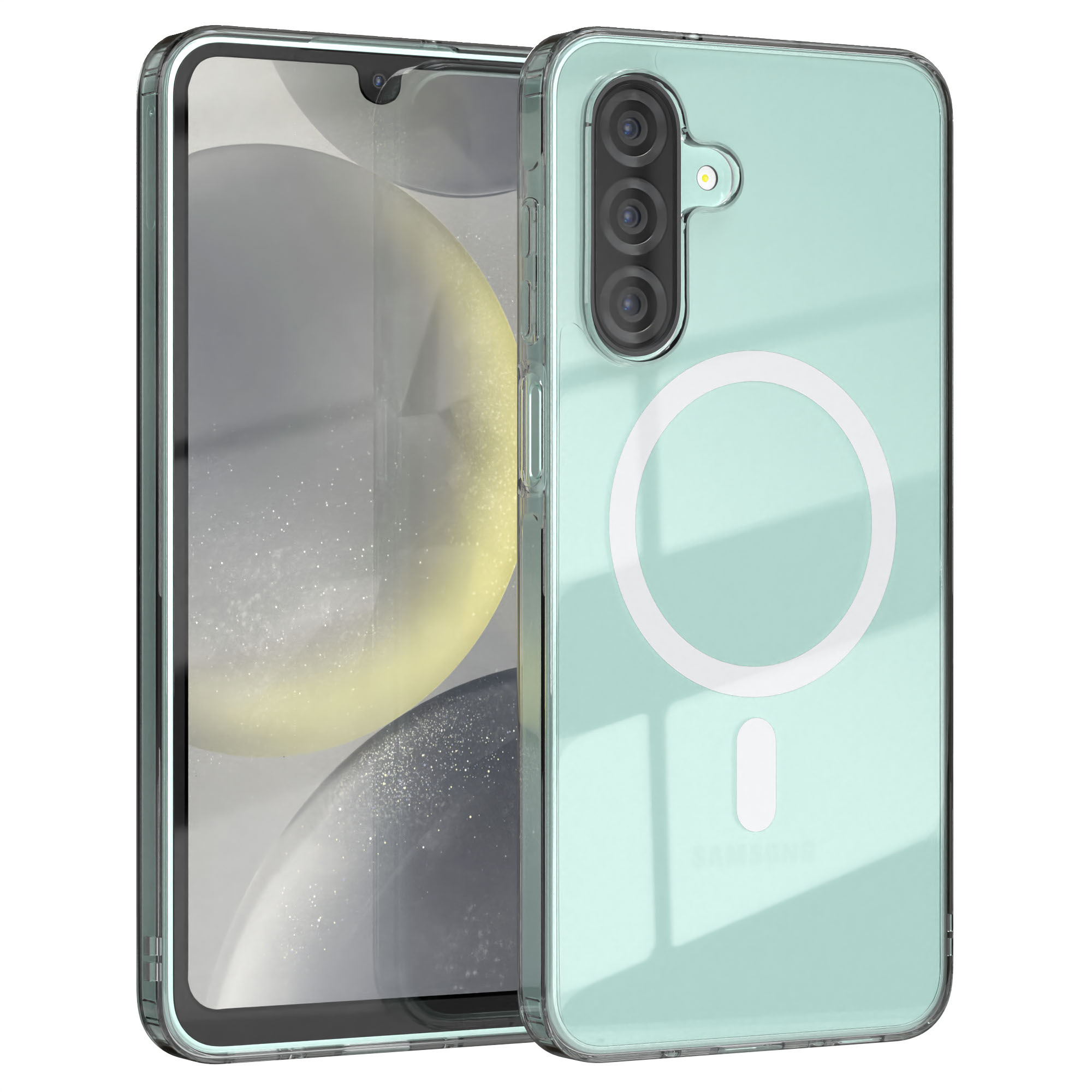 Minzgrüne Handyhülle mit transparentem Rücken und weißem Ring. Ein Telefon mit hellem Bildschirm ist drin.